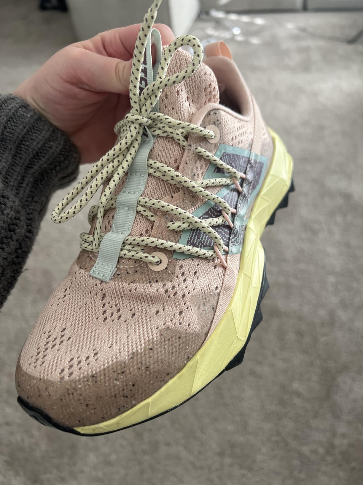 Used New Balance Tektrel V1 shoes after trail hiking showing wear patterns and dirt accumulation