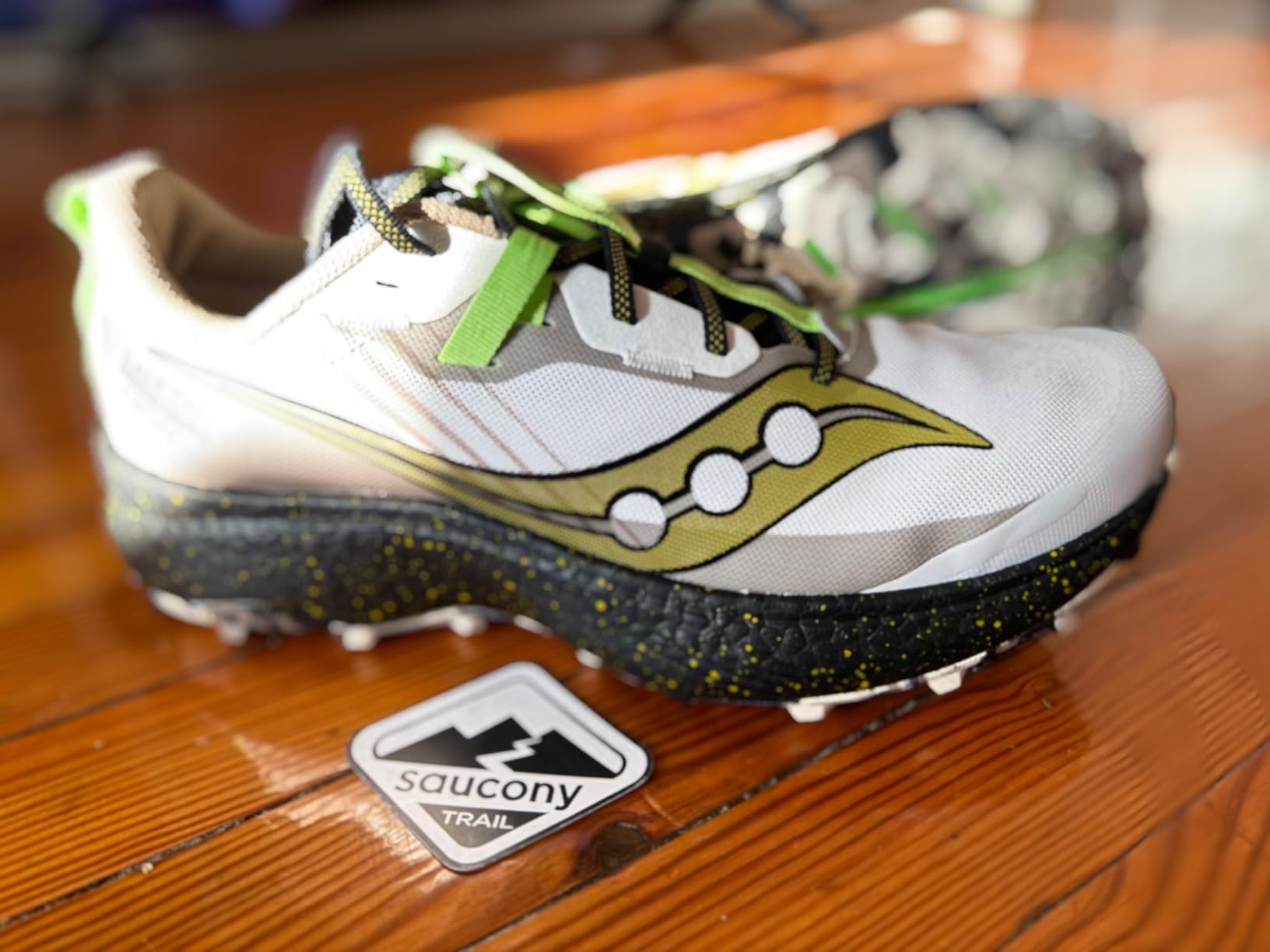 Close-up view of Saucony Endorphin Edge construction showing mesh upper and carbon plate technology
