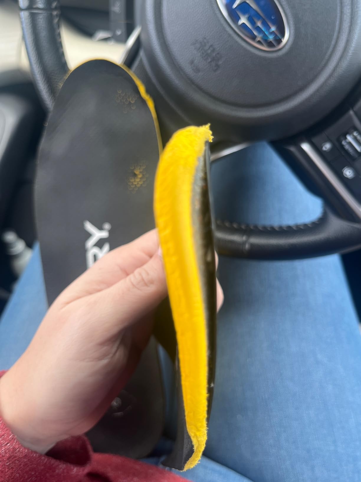 Multiple VKTRY insoles showing various failure modes including carbon fiber cracks and cushioning separation