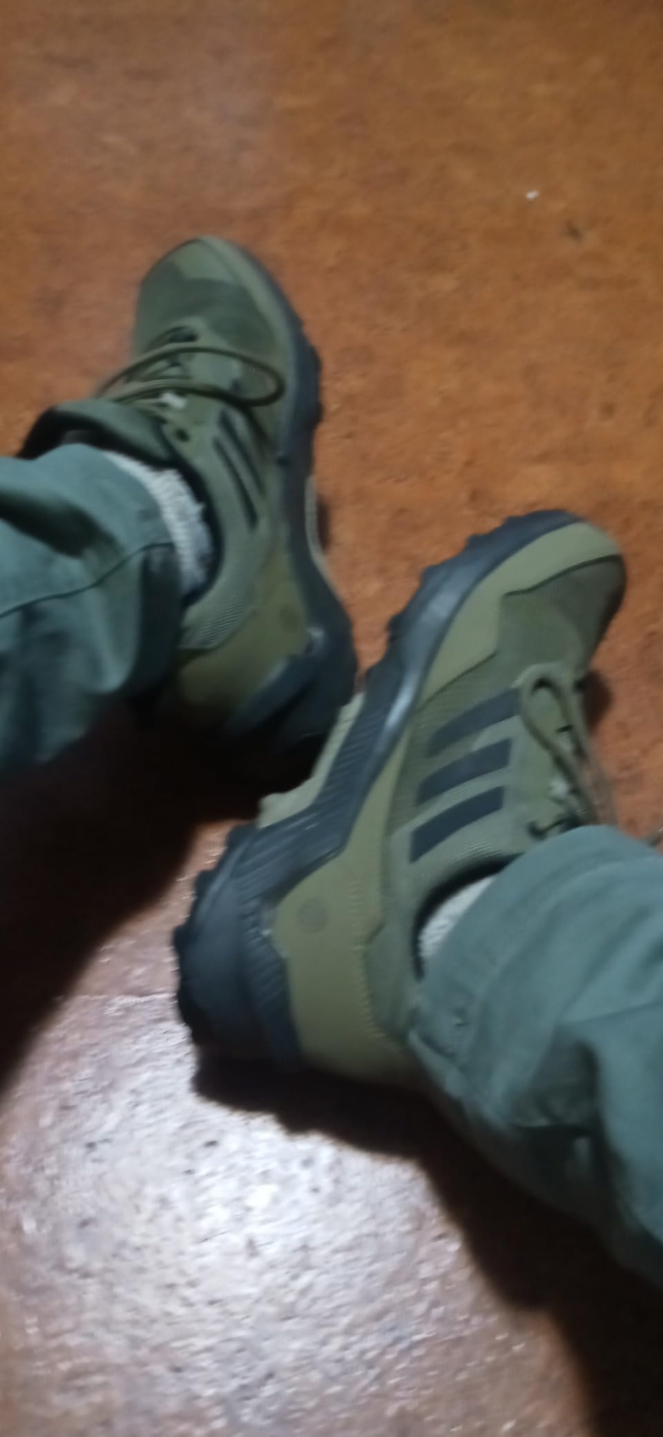 Close-up detail of Adidas hiking shoe construction showing synthetic overlays and lacing system