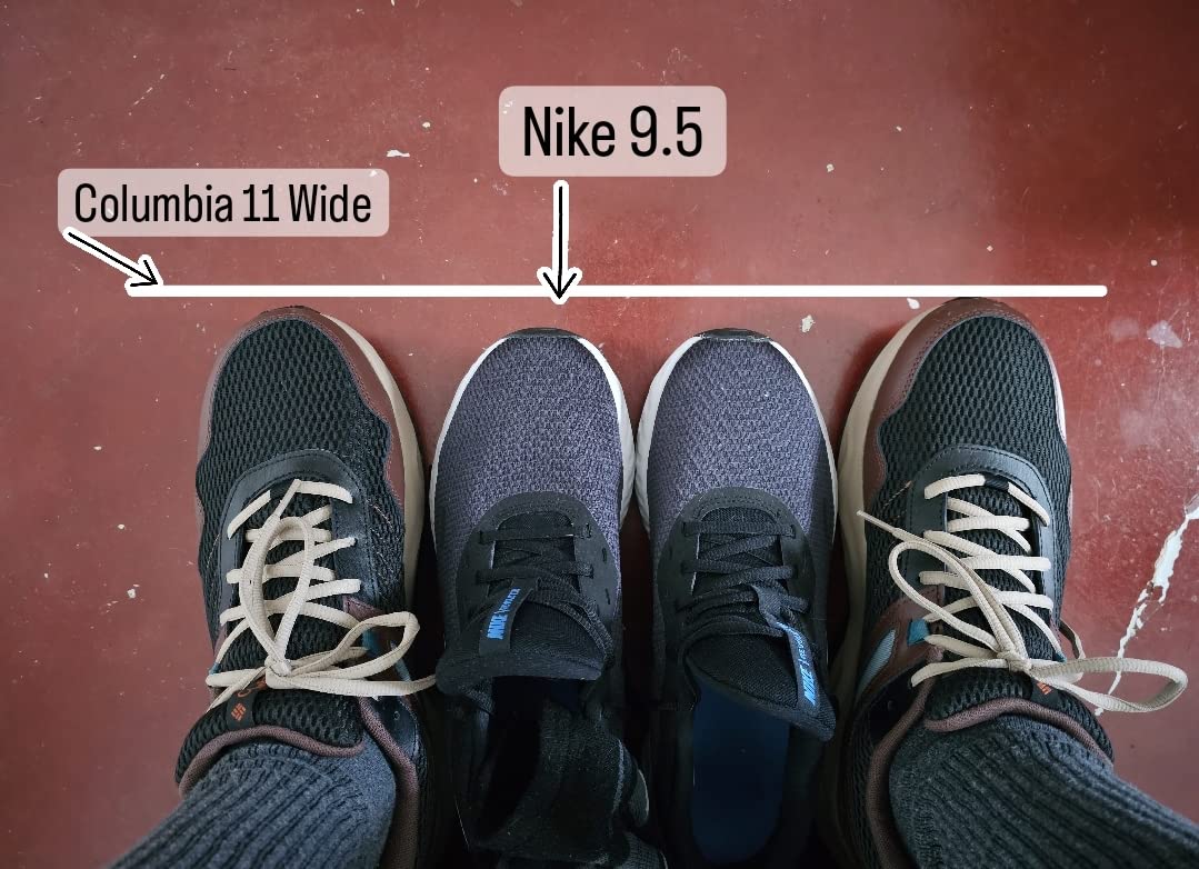Size comparison showing Columbia Plateau 11 Wide alongside Nike 9.5 demonstrating sizing variance