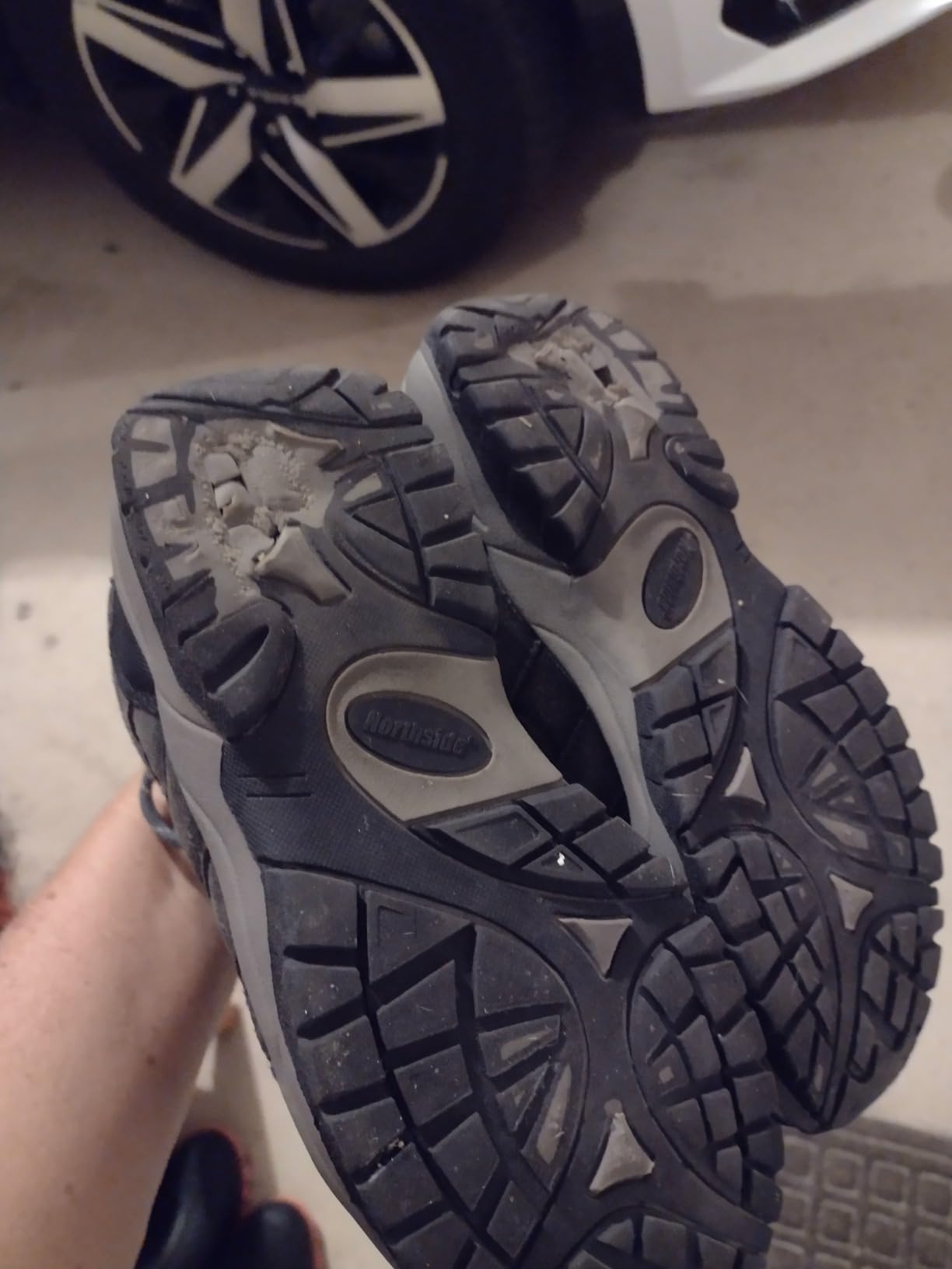 Close-up showing sole separation issue on Northside Monroe hiking shoe after extended use