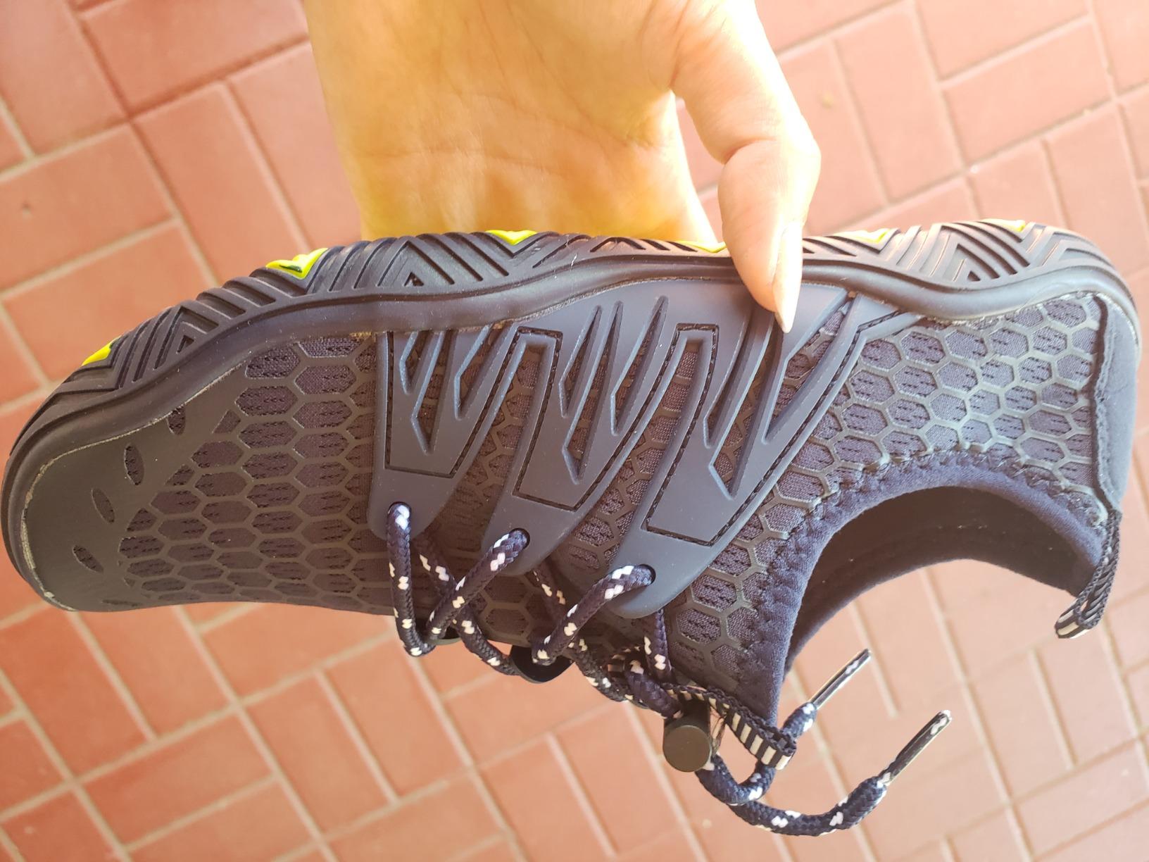 Close-up view of MAYZERO water shoes showing lycra upper construction and elastic lace system