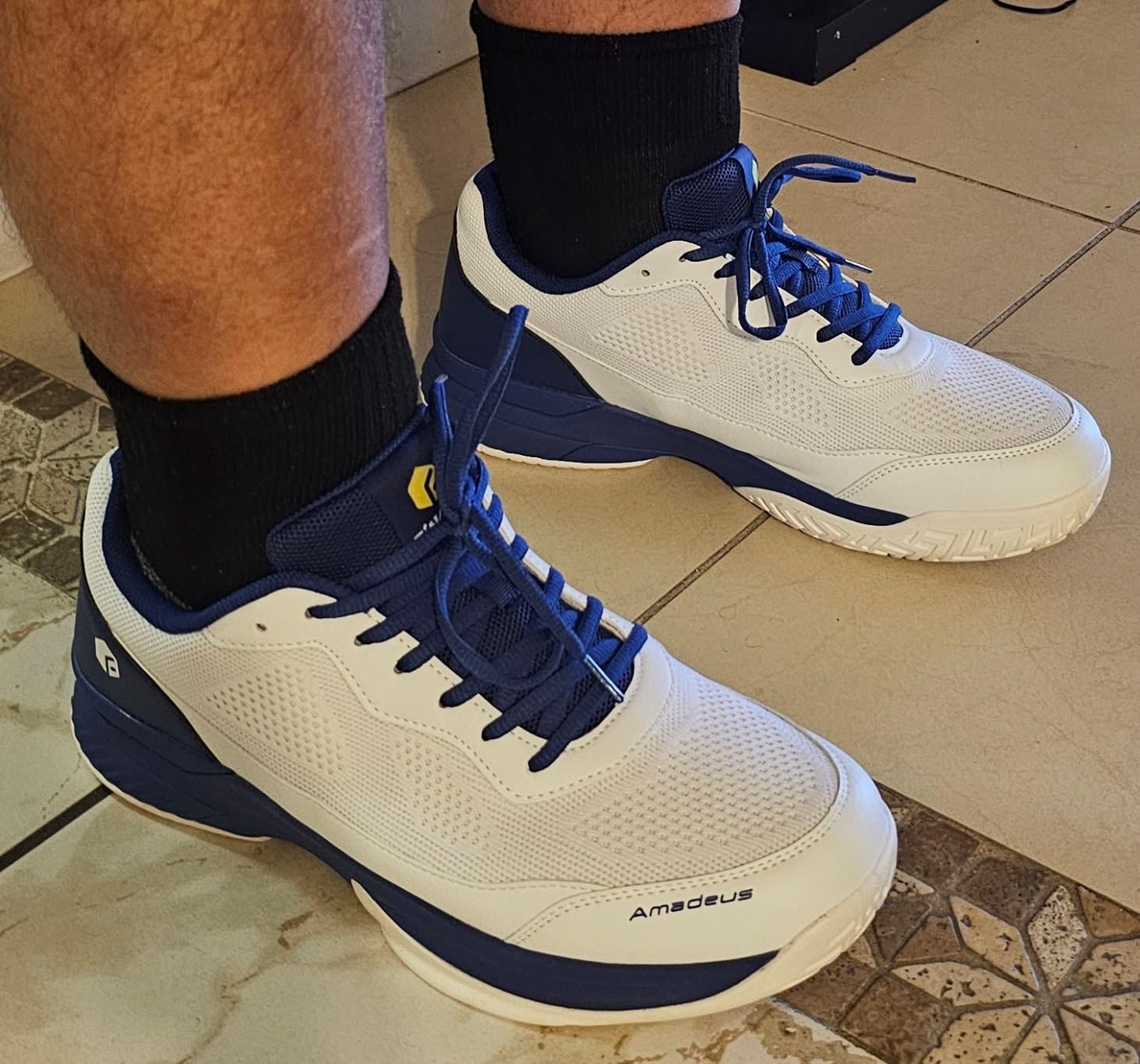FitVille Wide Pickleball Shoes for Men showing white and blue design with wide toe box
