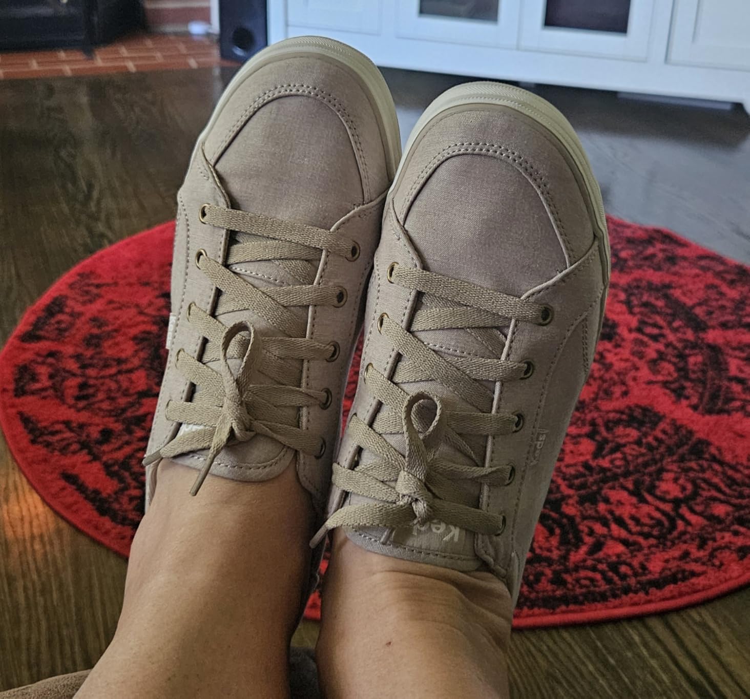 Bottom sole view of Keds sneakers showing rubber tread pattern and construction