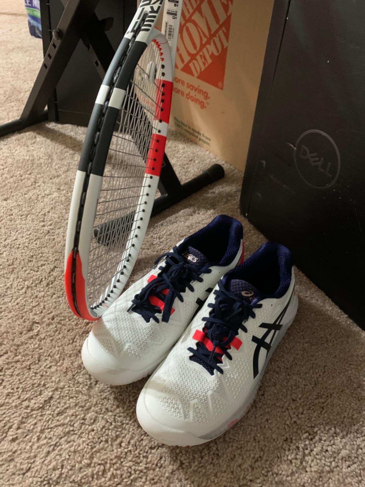 Side profile of ASICS Gel-Resolution 8 showing DYNAWRAP technology and supportive upper structure