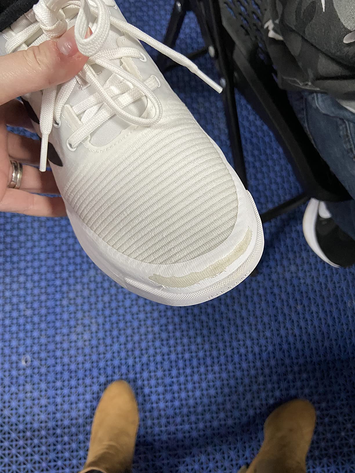 Multiple Adidas Crazyflight shoes showing consistent toe peeling issues reported by volleyball teams