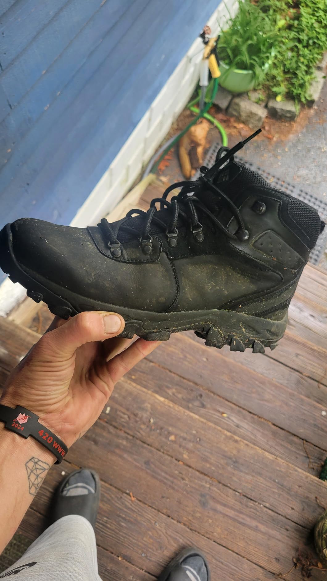 Close-up detail of Columbia hiking boot showing lacing system and upper construction