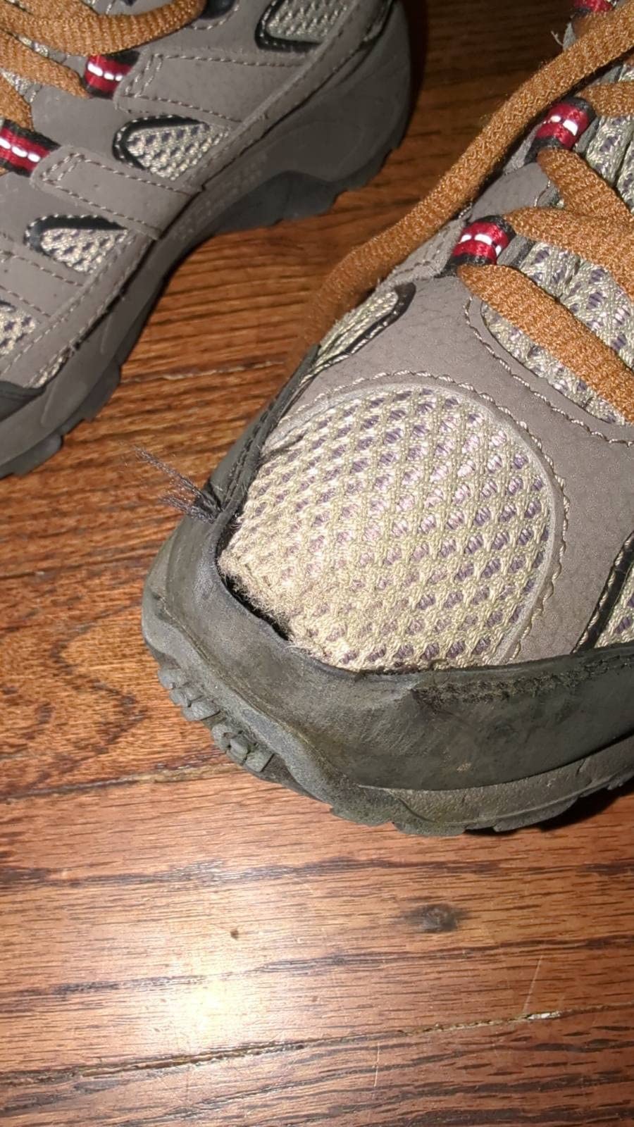 Toe area failure on Merrell Kids Moab 2 after limited use showing quality control issues