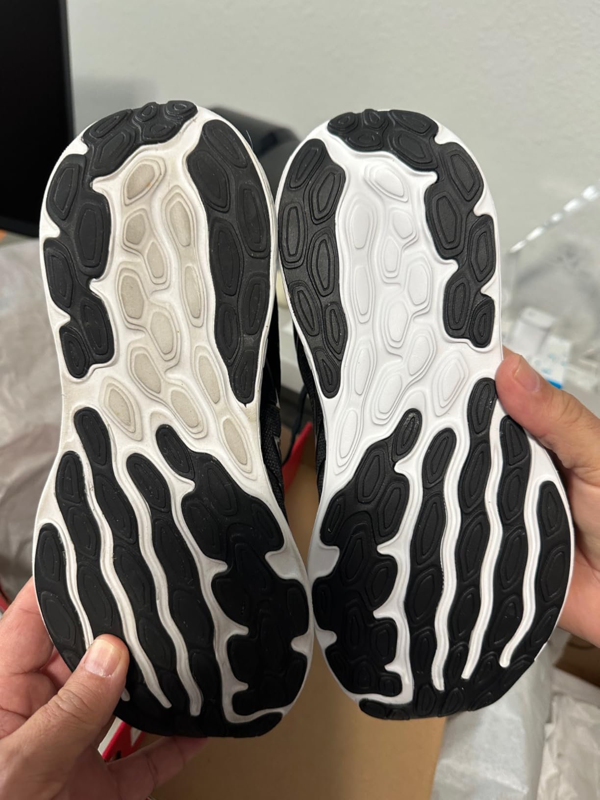 New Balance 680 V8 sole comparison showing wear patterns after extended testing period