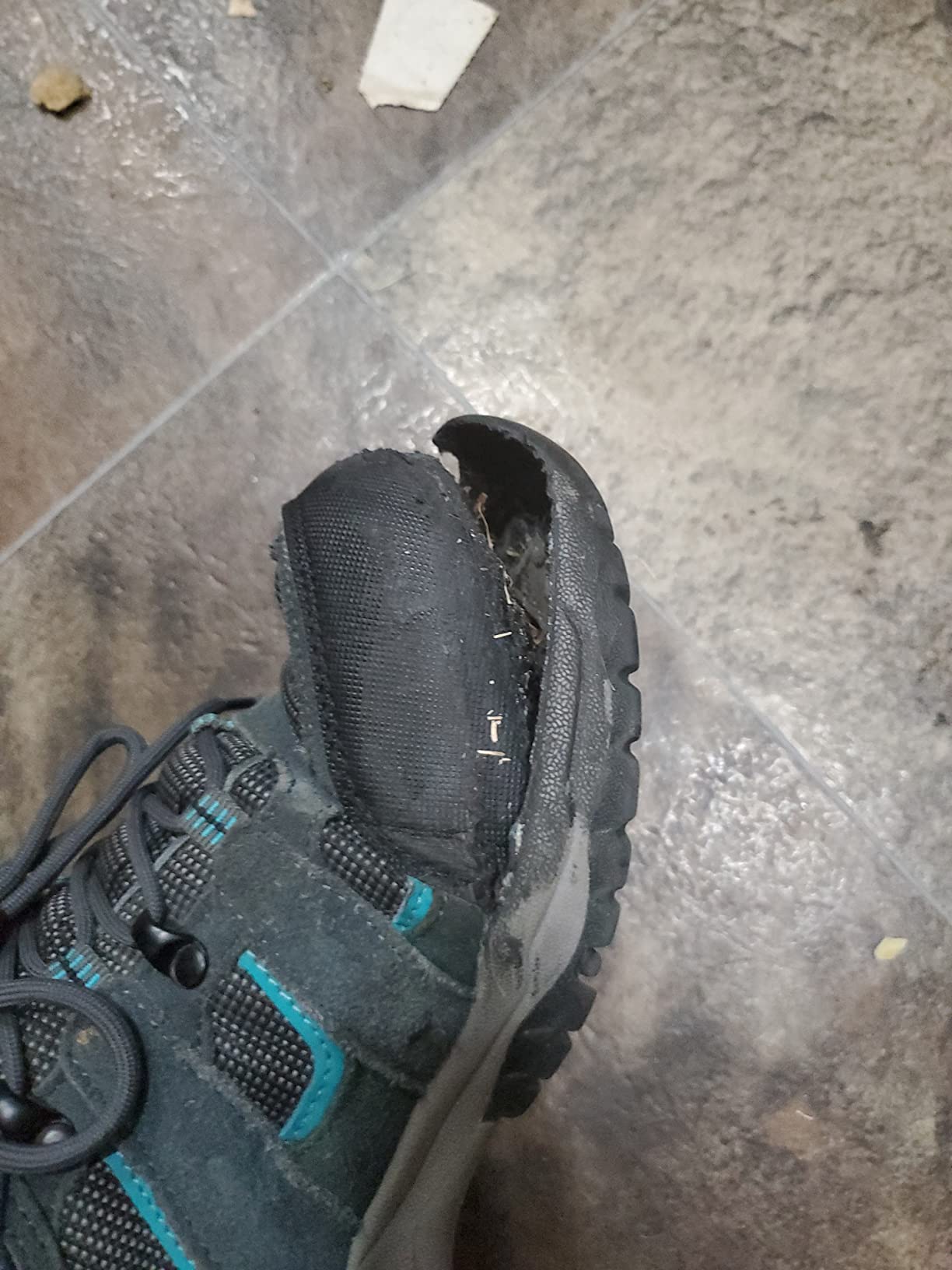 Bottom view showing sole separation and durability issues with Northside Monroe hiking shoe