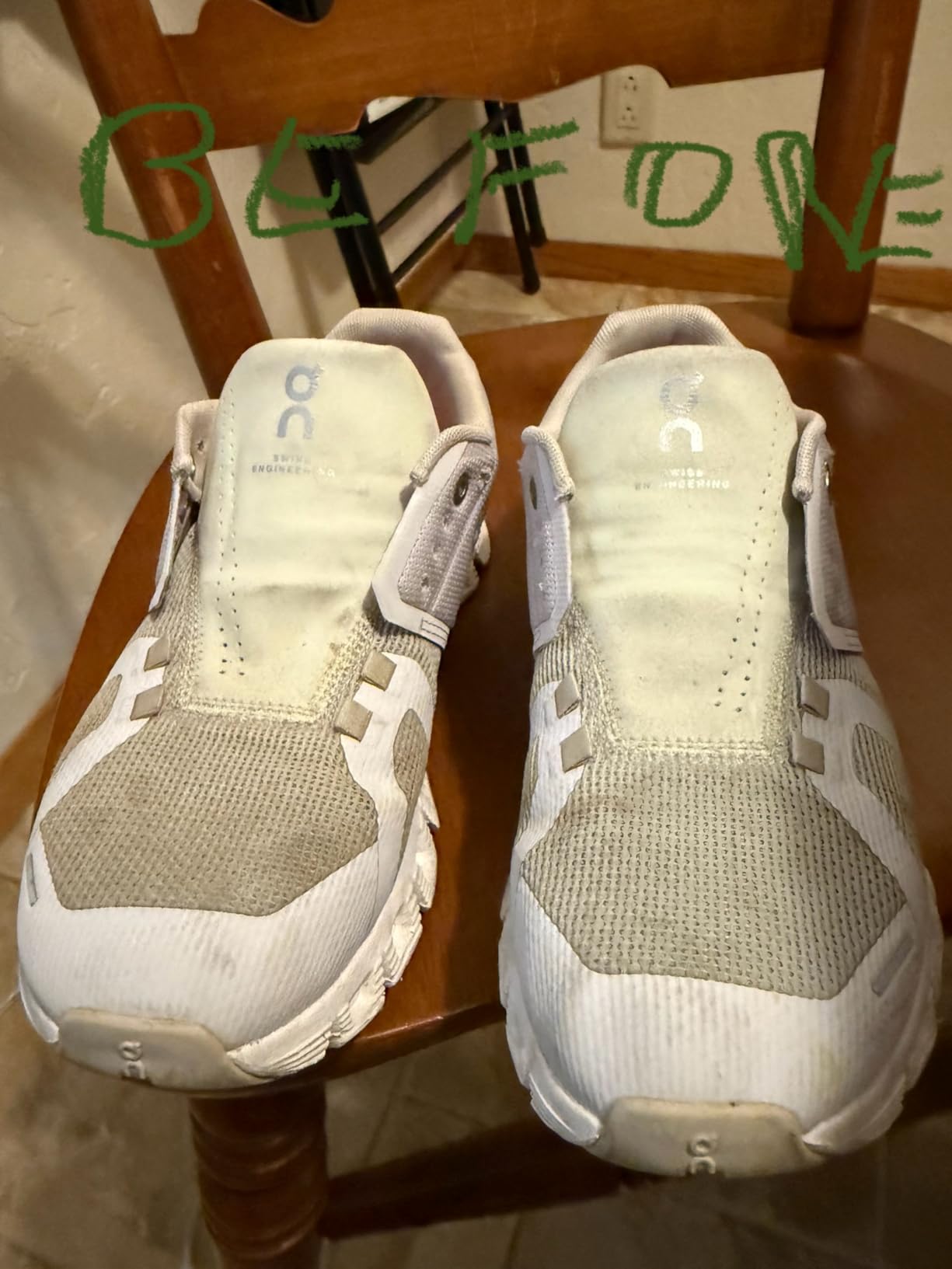 Multiple pairs of athletic shoes showing dramatic before and after cleaning results