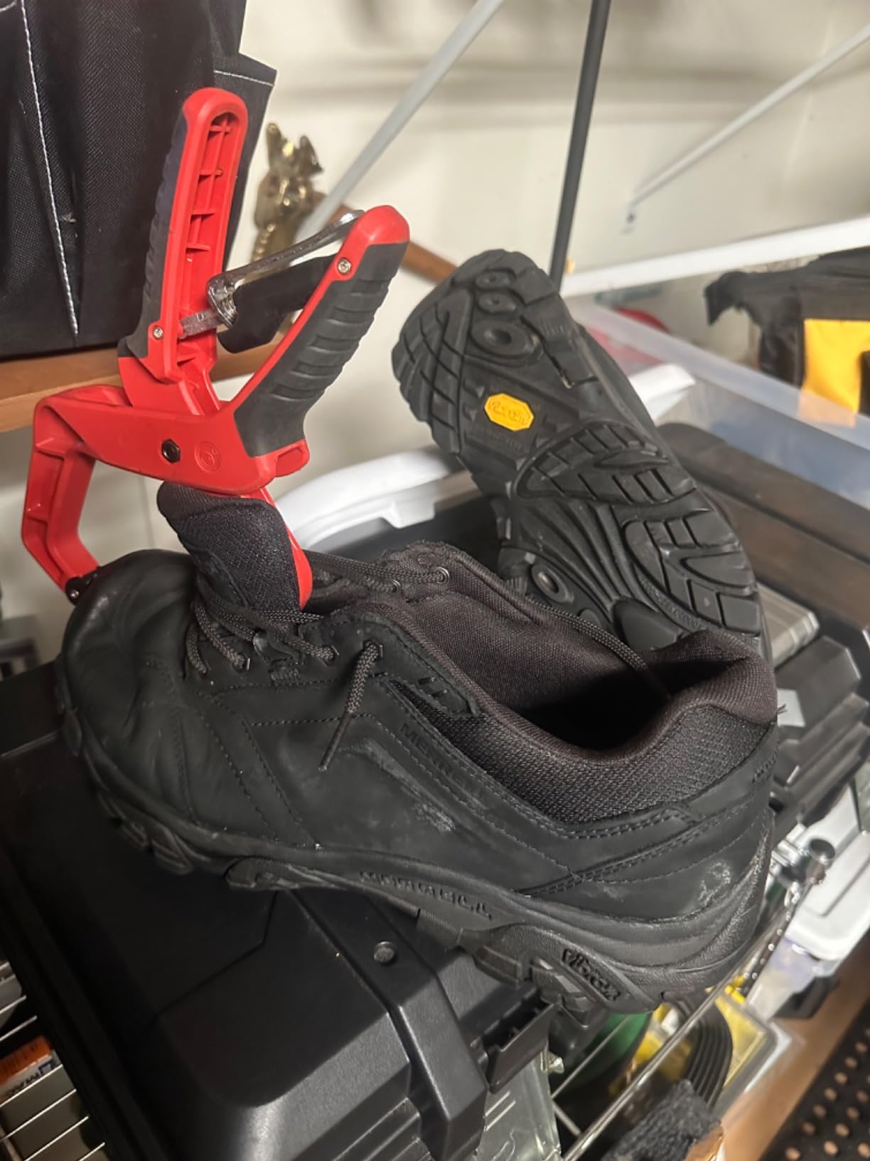Close-up showing toe guard separation issue on Merrell Moab Adventure Lace after extended use
