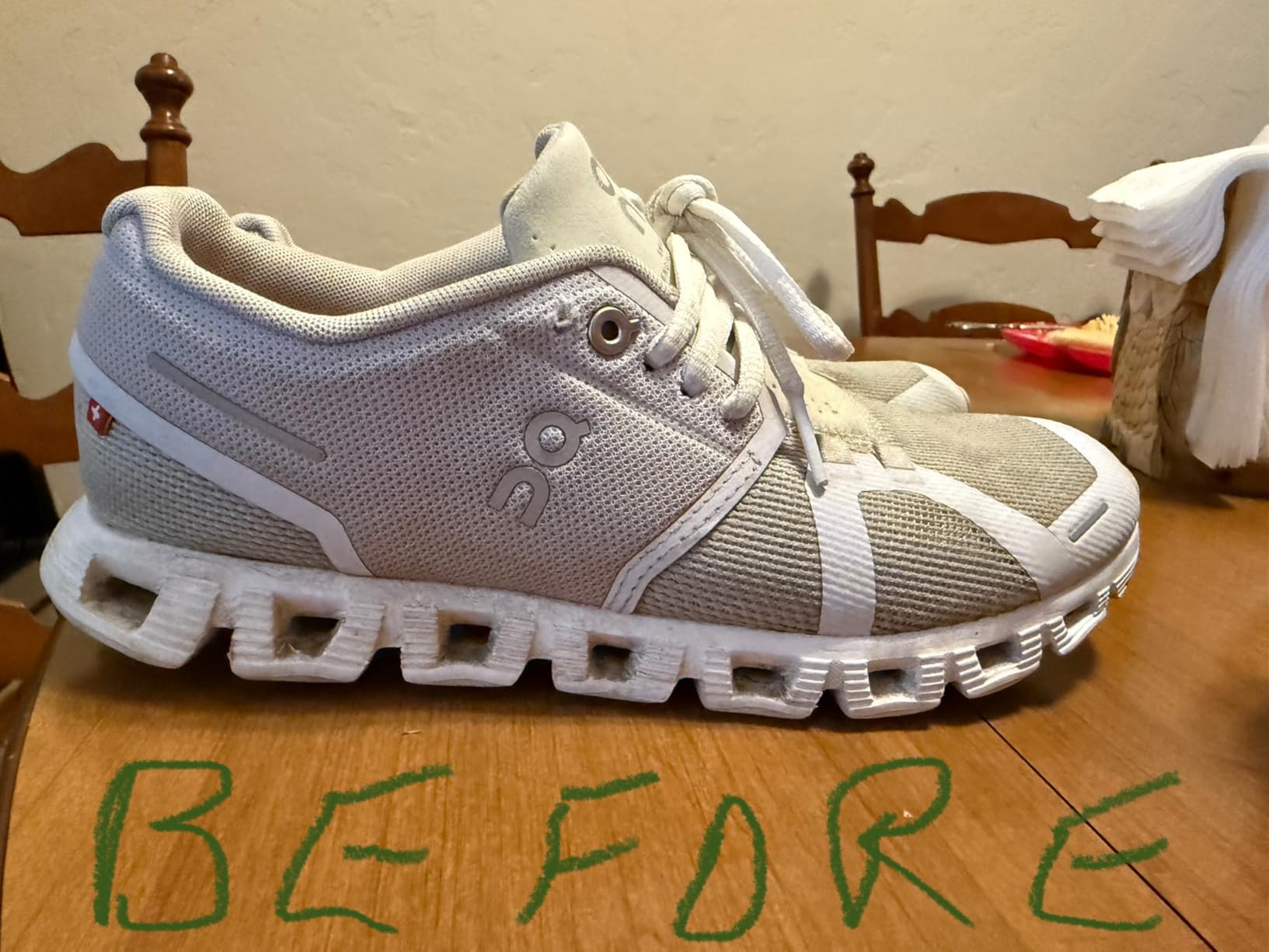 Bottle of Grandma's Secret Sneaker Cleaner showing actual usage amount needed