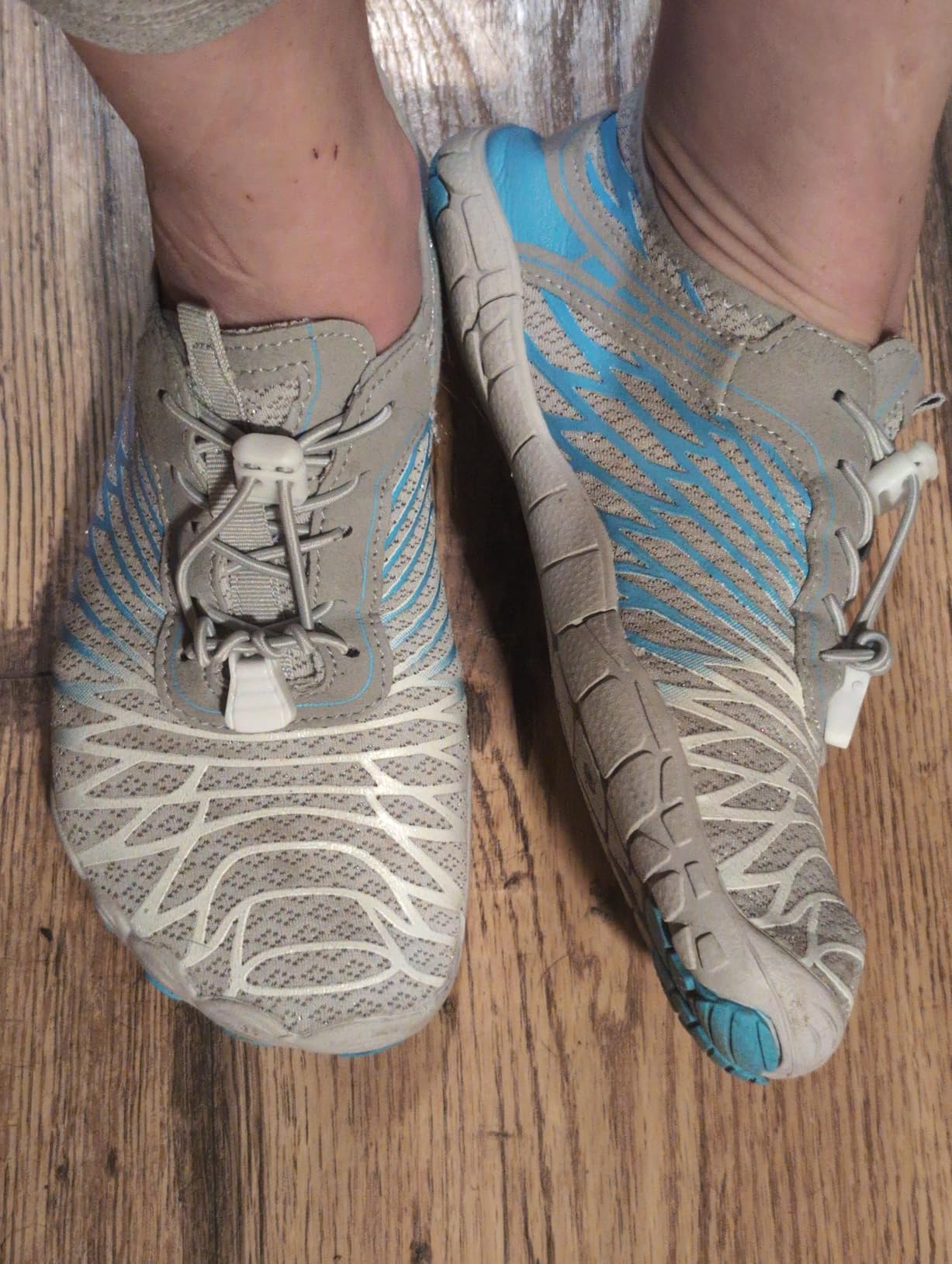 Close-up of barefoot shoe mesh construction and zero drop sole design