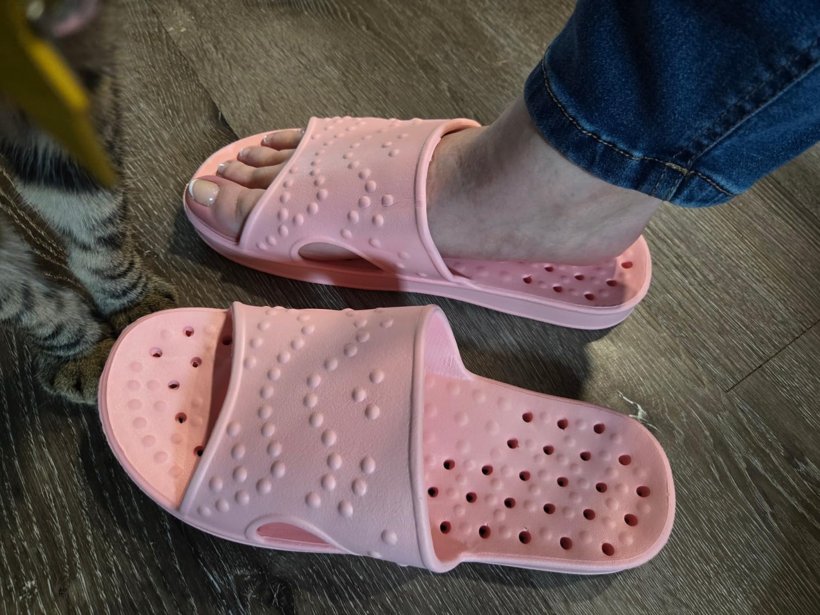 shevalues shower shoes being worn showing fit and proportion