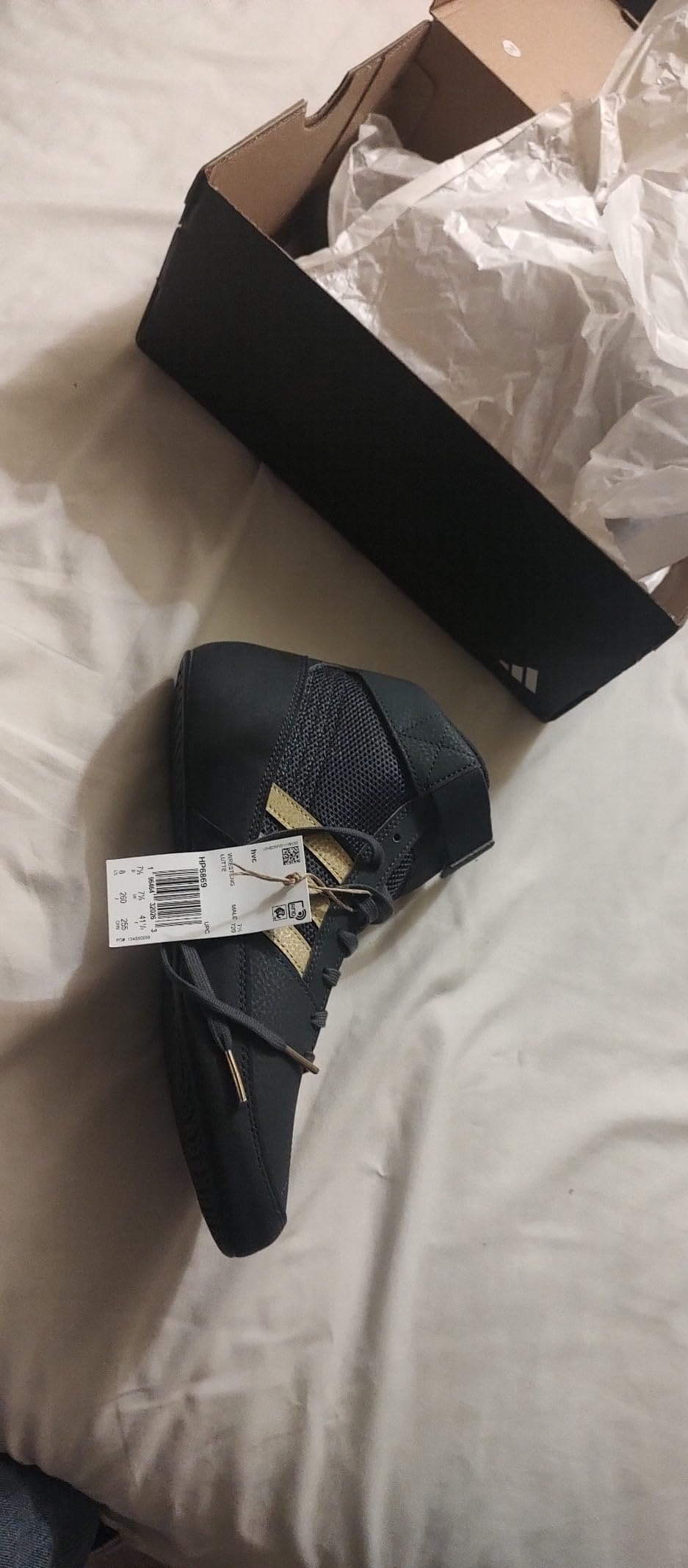Adidas Youth HVC Wrestling Shoes product shot showing brand claims and specifications