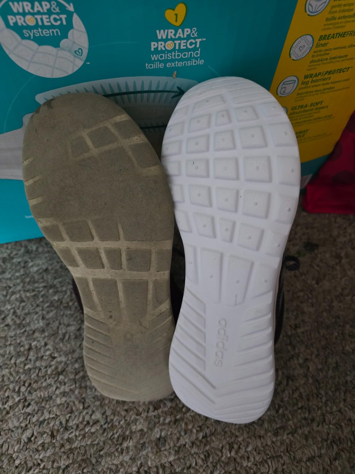 Comparison showing Adidas Cloudfoam Pure cushioning and sole wear after extended use