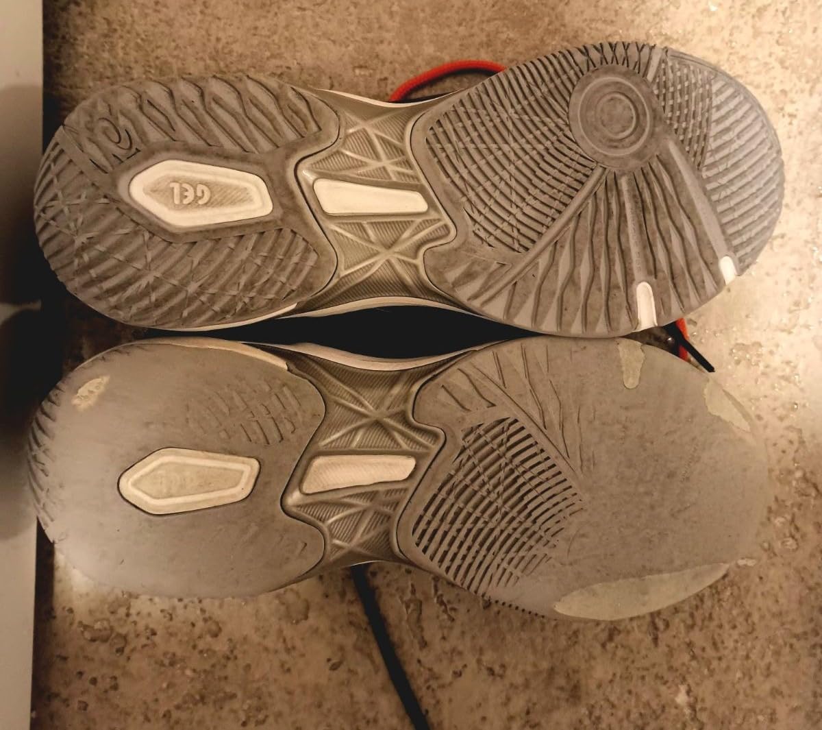 ASICS court shoes comparison showing 1 week old versus 6 months of use demonstrating wear patterns