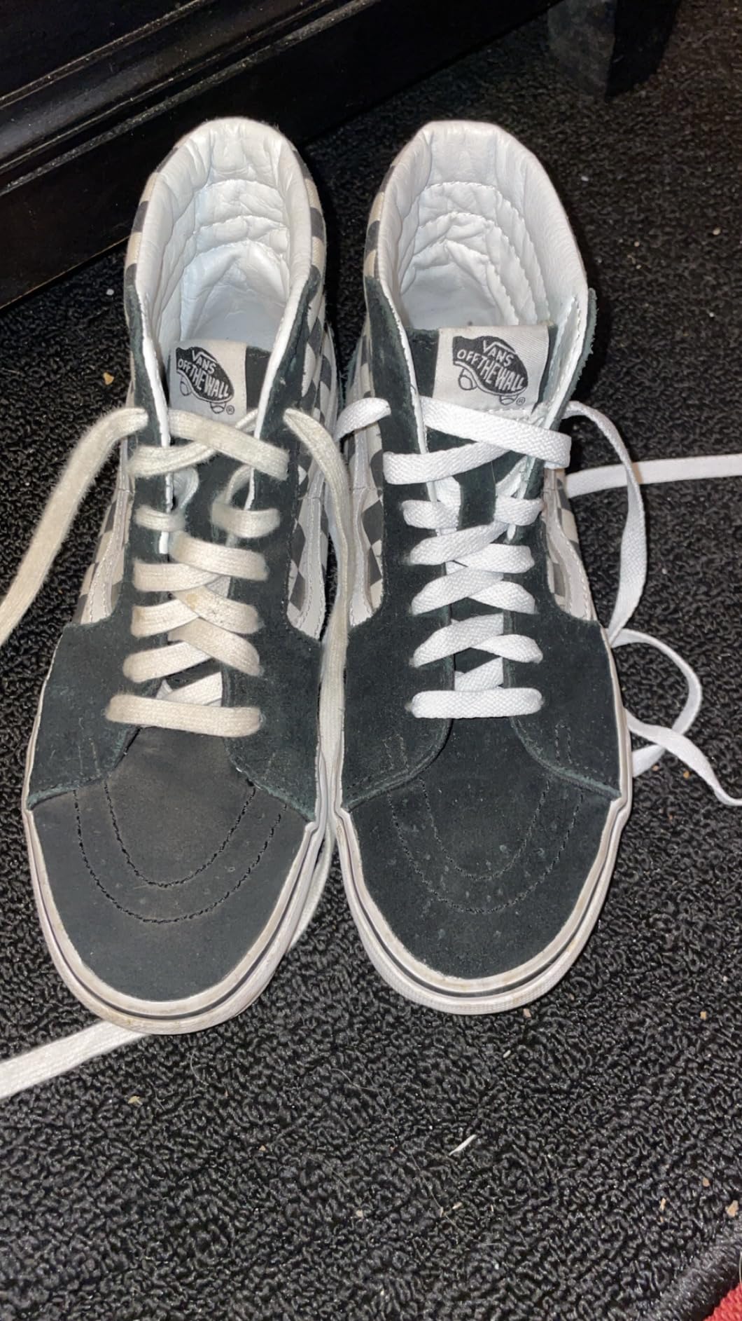Side-by-side comparison of old stained laces versus bright white UpUGo replacement laces showing dramatic improvement