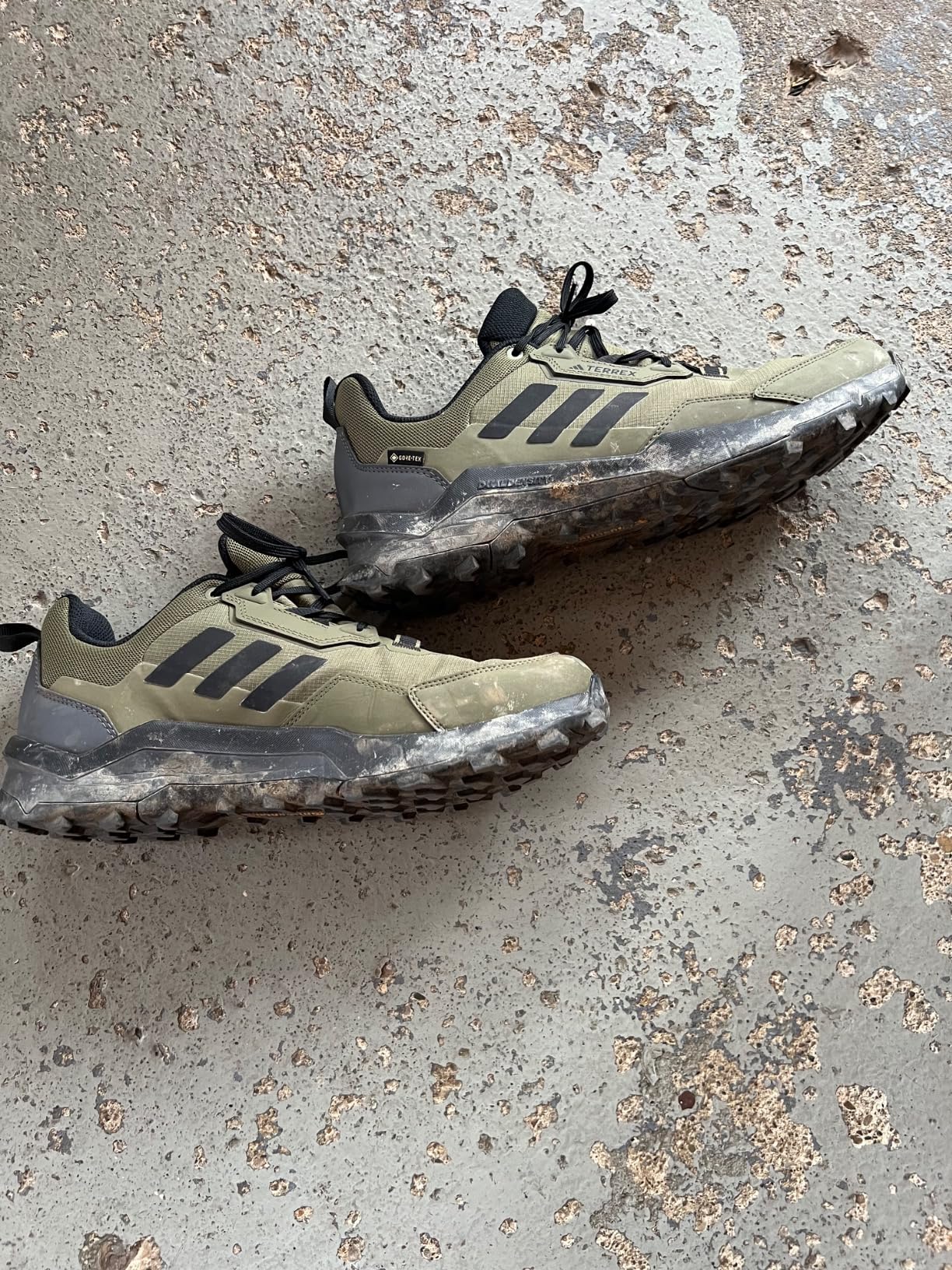 Adidas Terrex AX4 Gore-Tex hiking sneaker in Focus Olive colorway showing full side profile