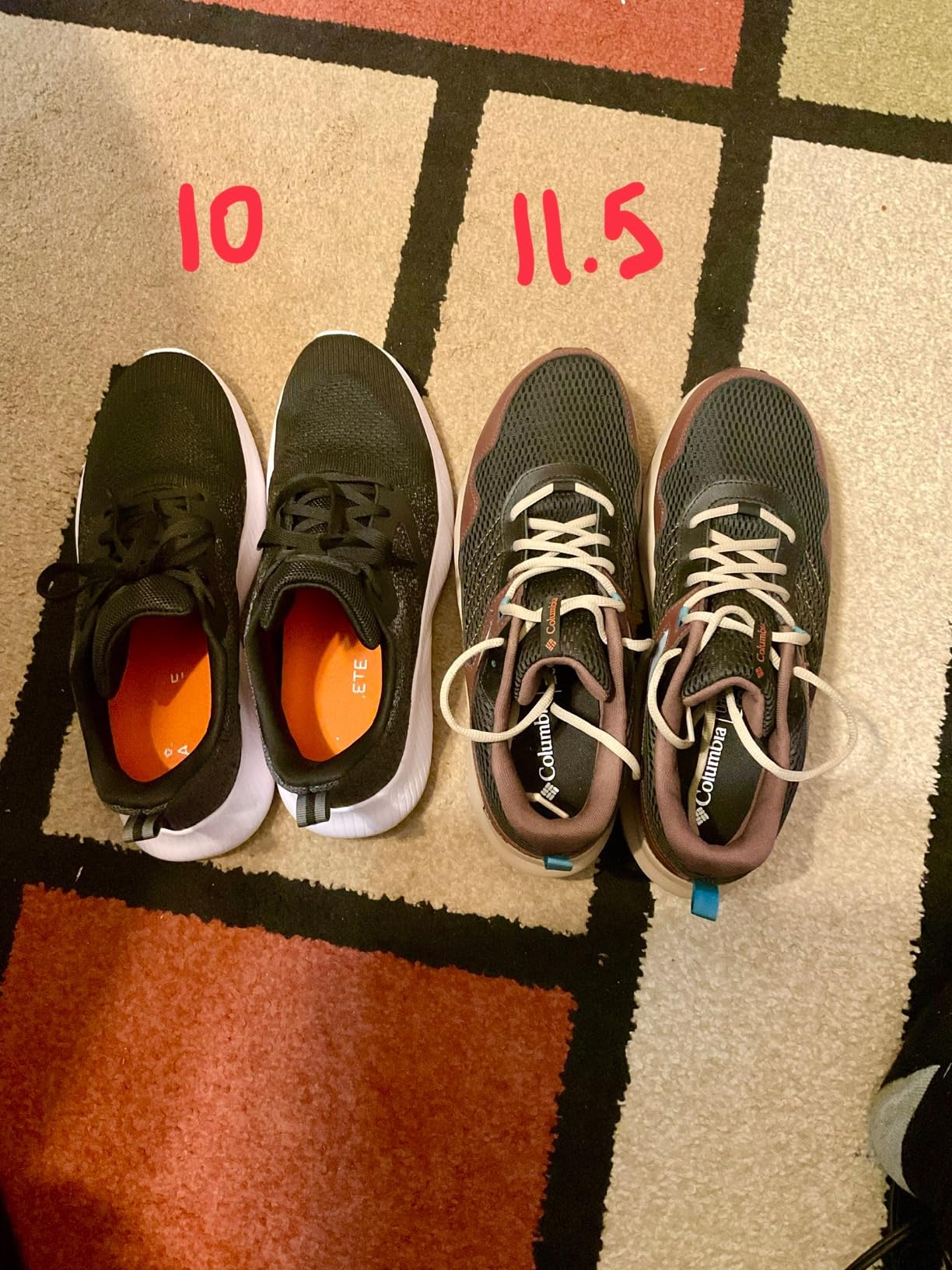 Real-world testing photo comparing Columbia Plateau size 11.5 next to Nike size 9.5 shoes showing size variance