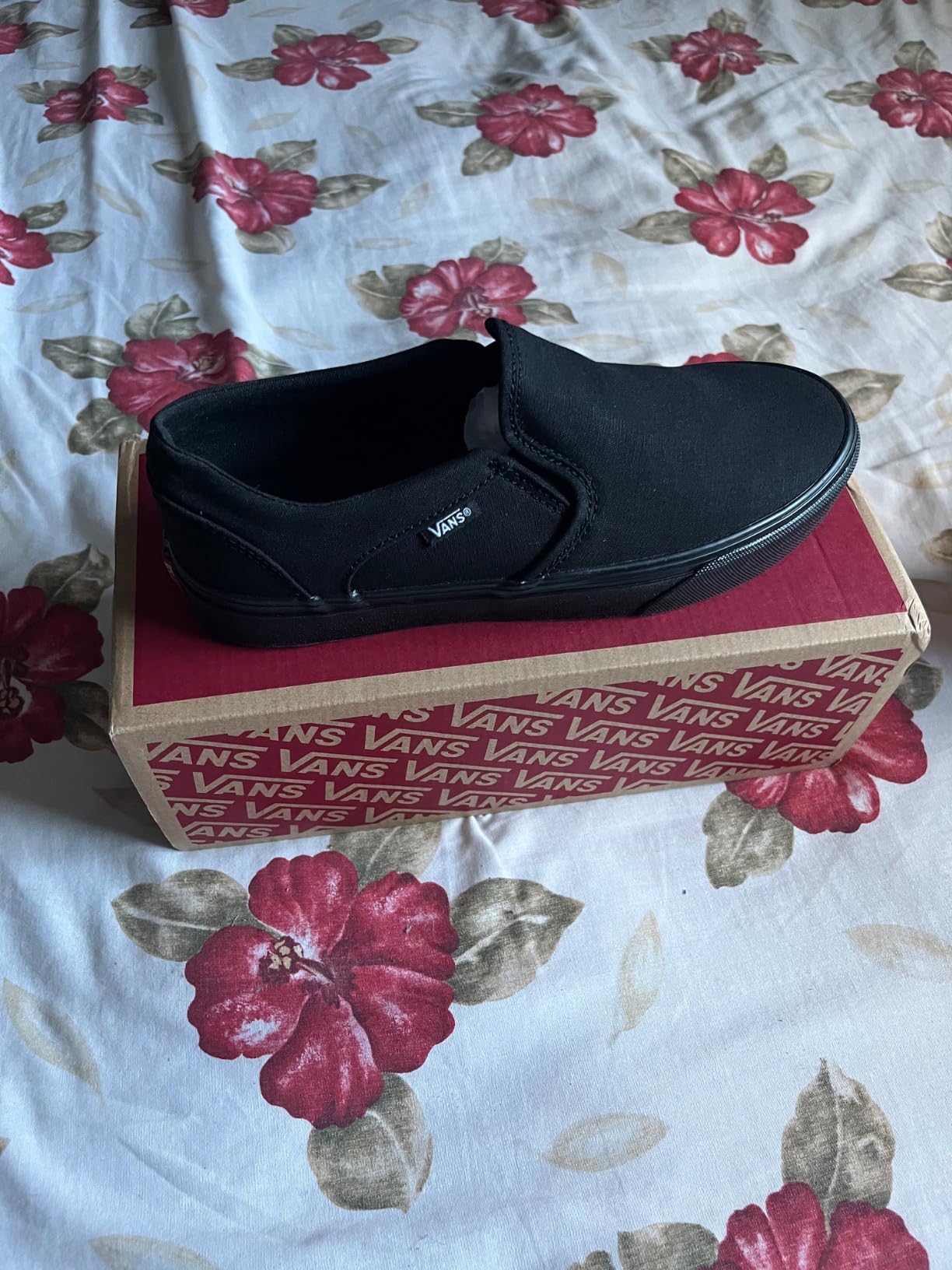 Vans Women's Asher Slip-On shoes black and white canvas design
