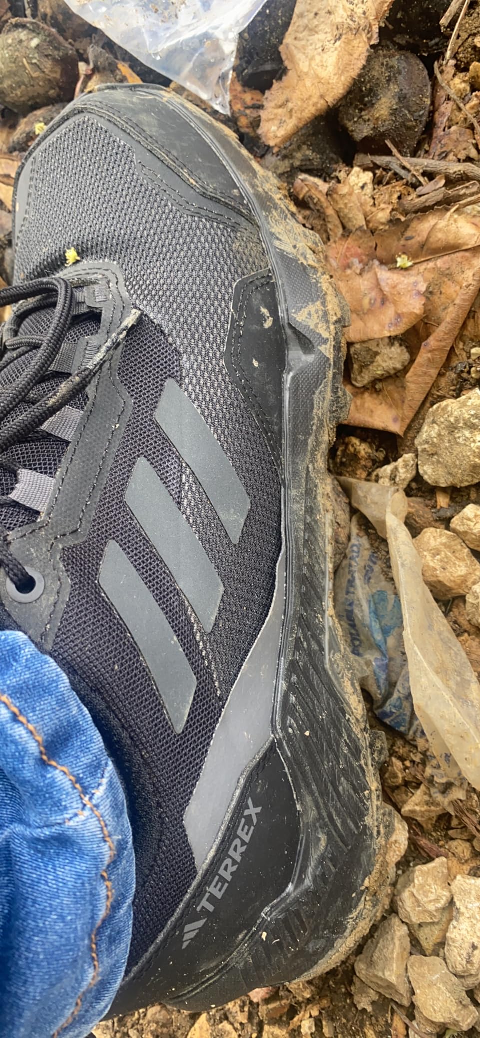 Adidas hiking shoes in action on rocky terrain showing grip and durability performance