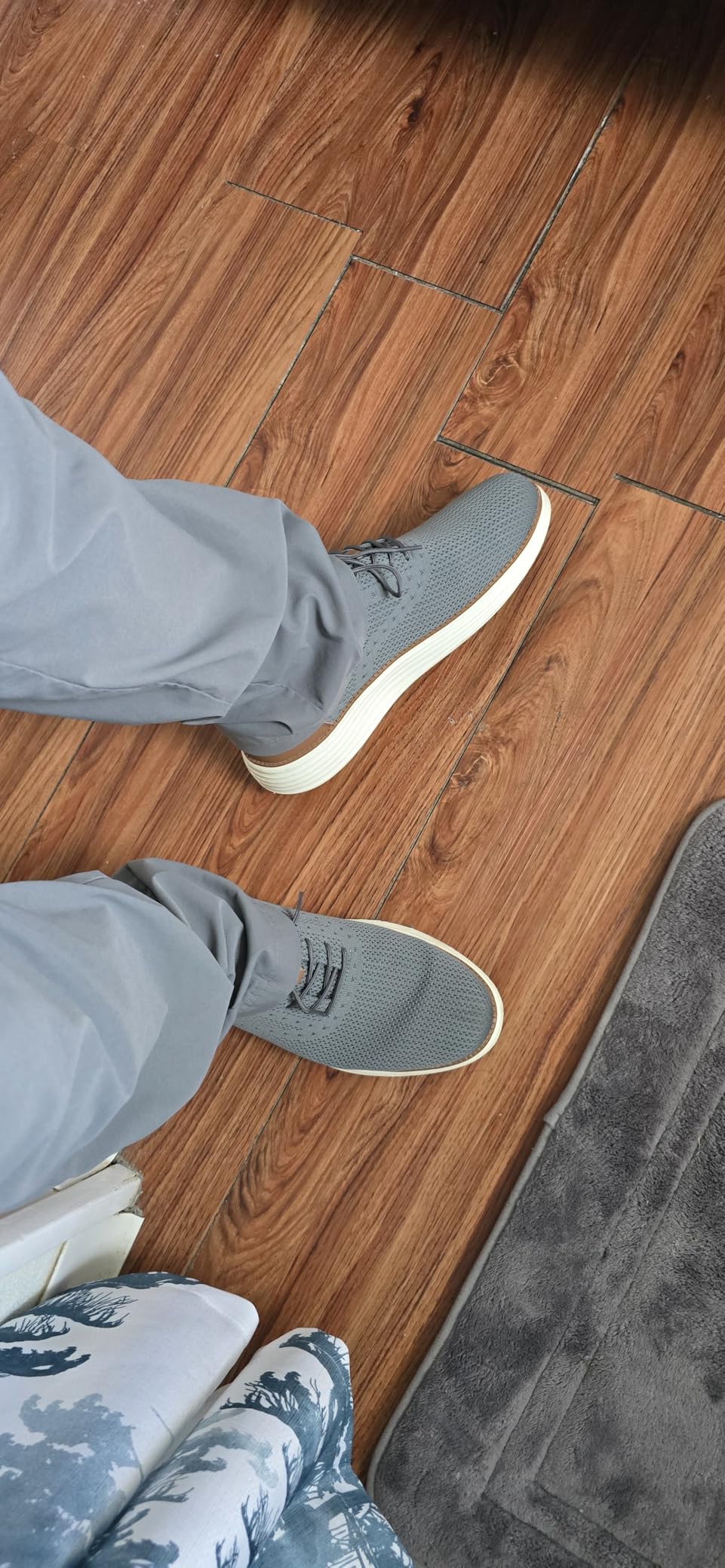 VILOCY Men's Casual Dress Sneakers grey colorway showing knit mesh upper and leather heel details