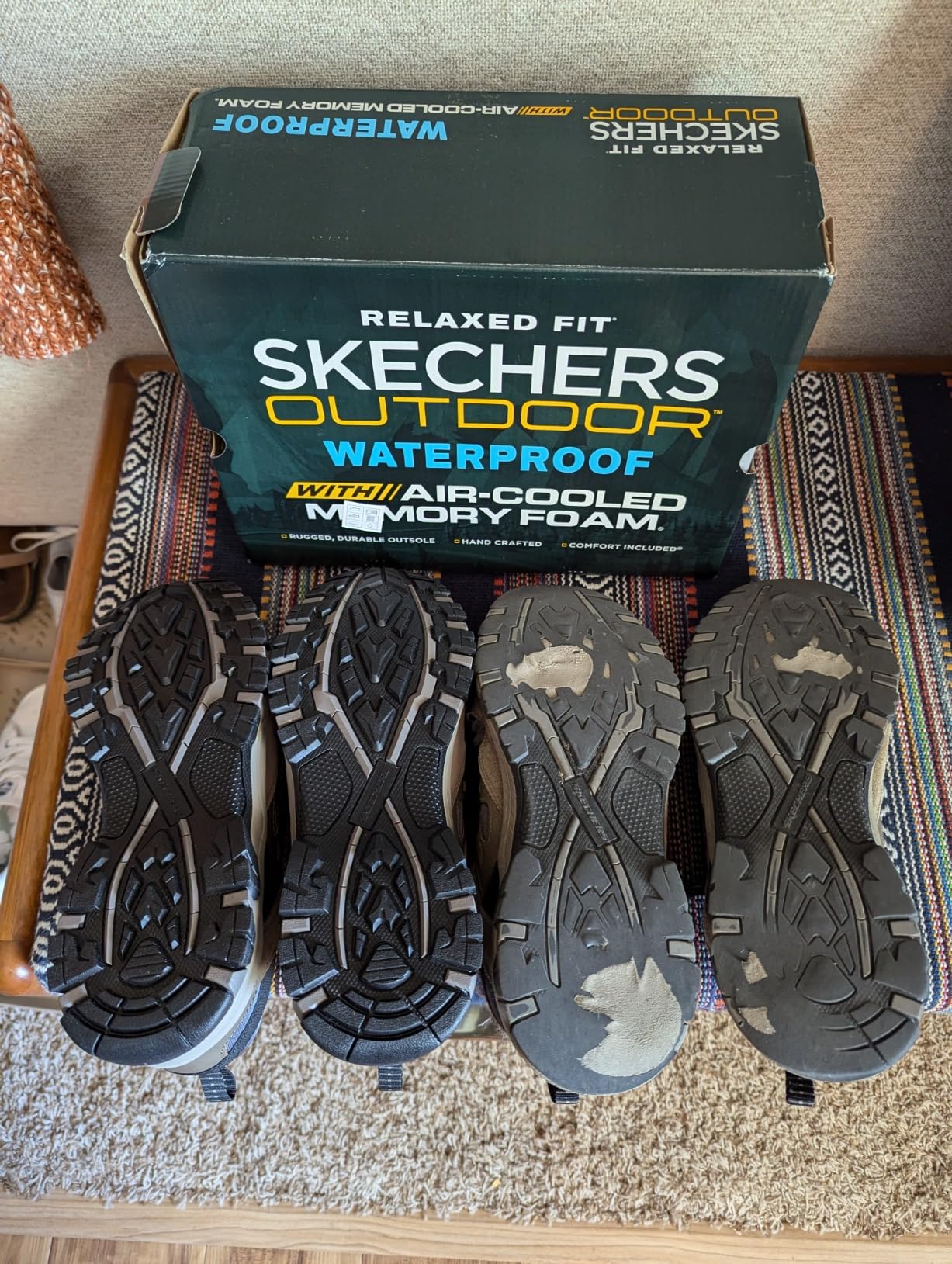 Worn Skechers hiking shoe showing construction quality and wear patterns after extended use