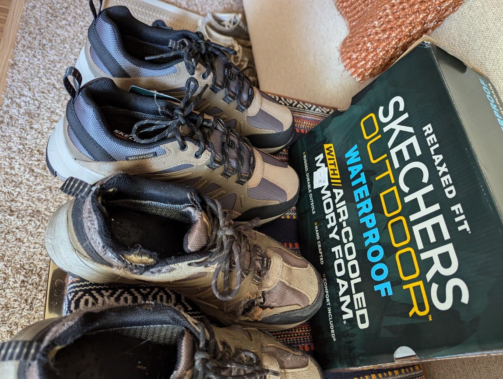 Detailed view of Skechers hiking shoe sole and tread pattern showing aggressive outdoor grip design
