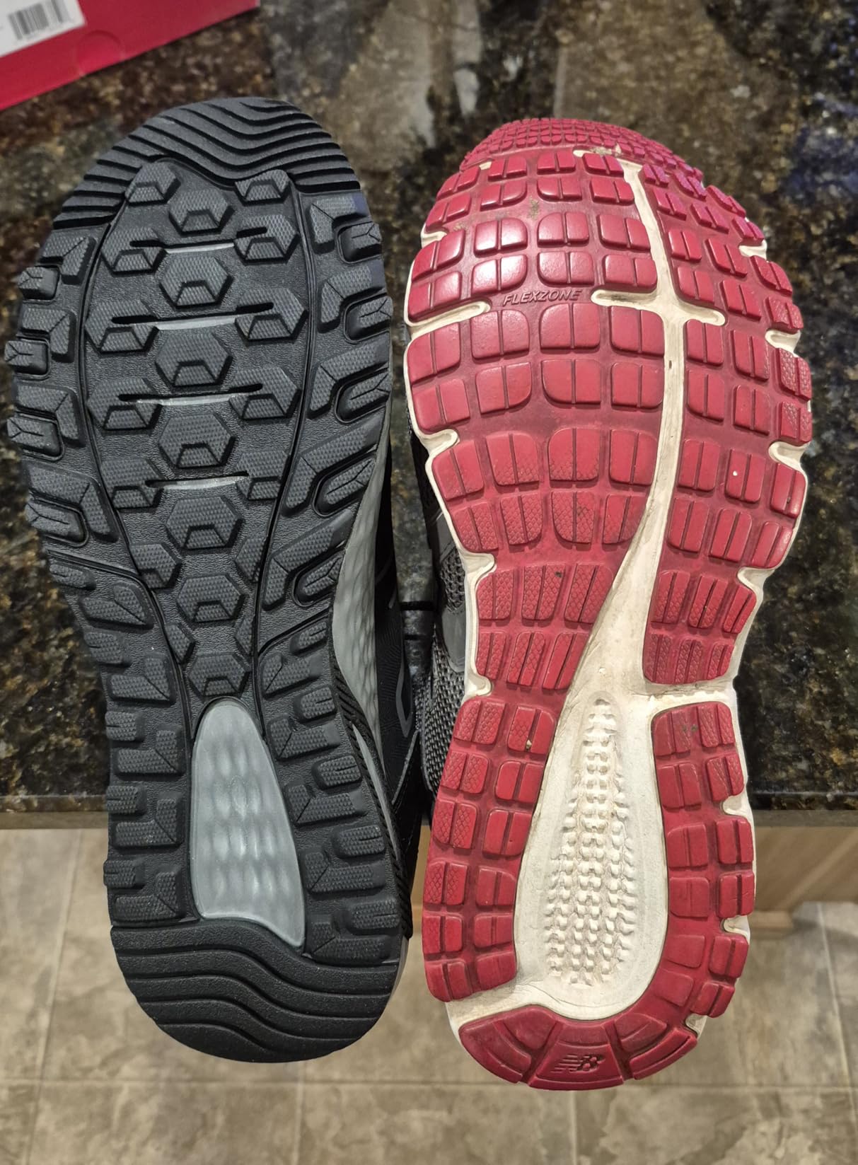 Comparison showing New Balance MT410V8 size difference issues highlighting quality control concerns