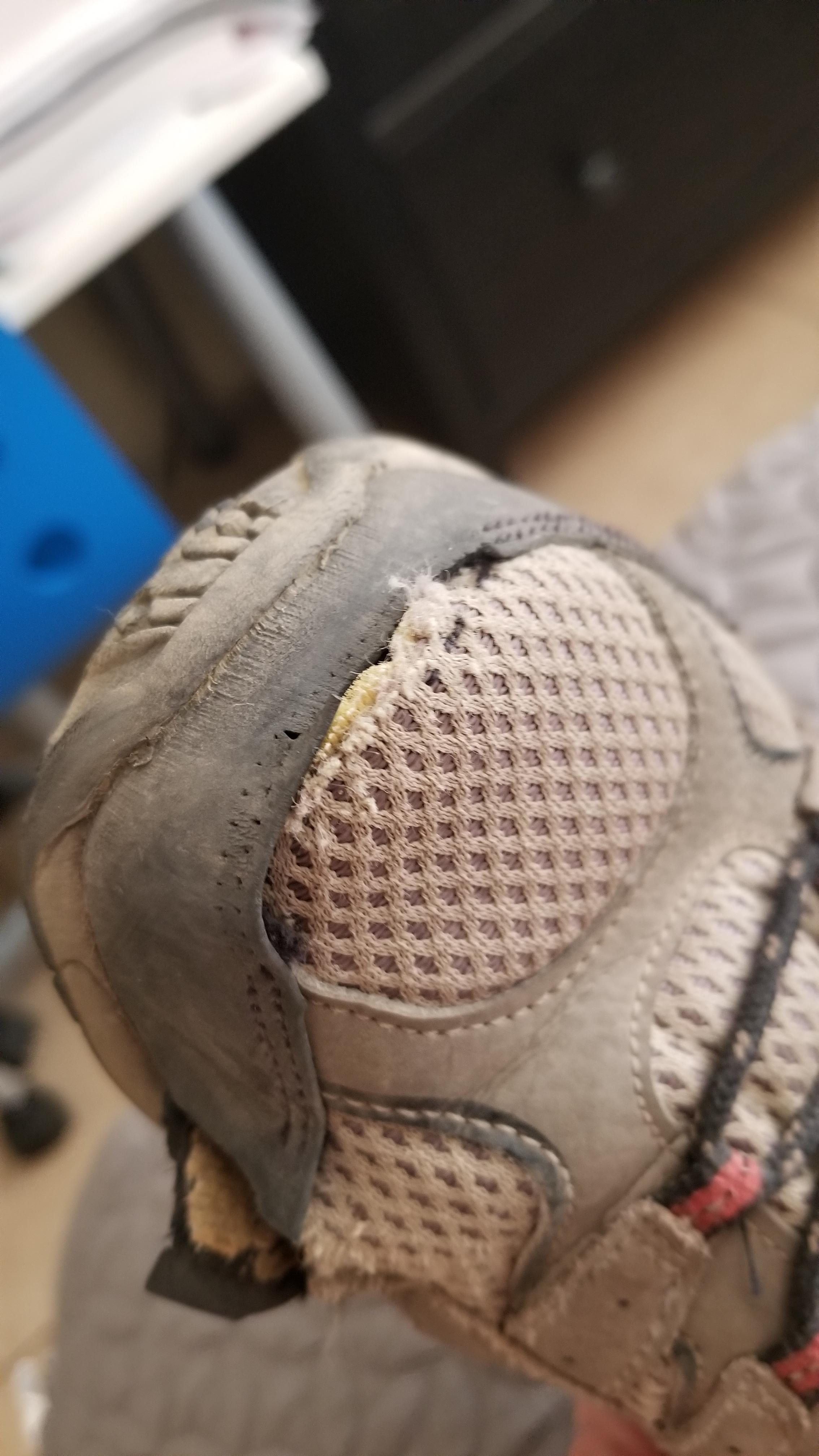 Another angle of toe area damage on Merrell Kids Moab 2 hiking shoes