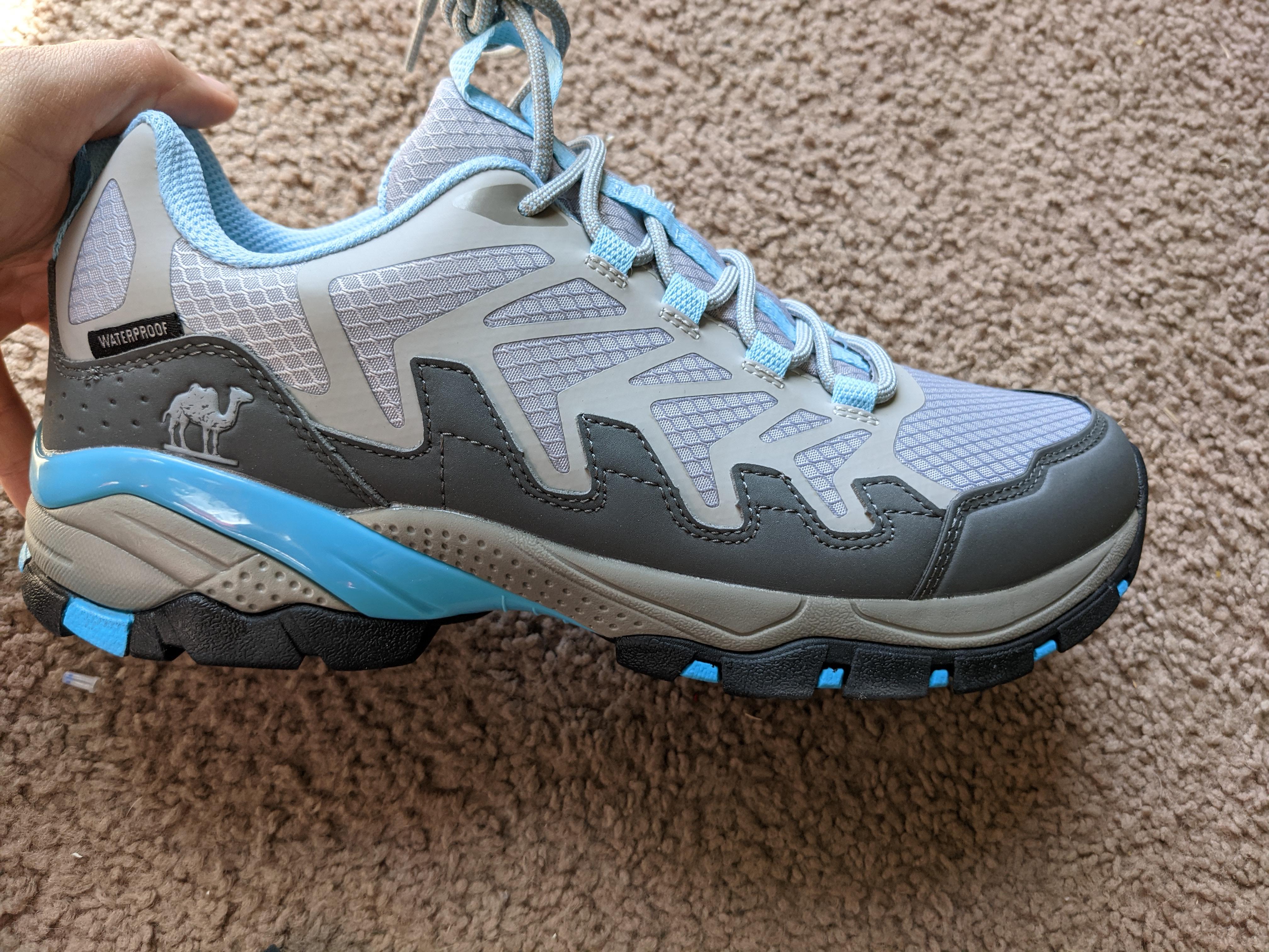 Close-up detail of CAMELSPORTS hiking shoe showing mesh upper construction and protective toe cap design