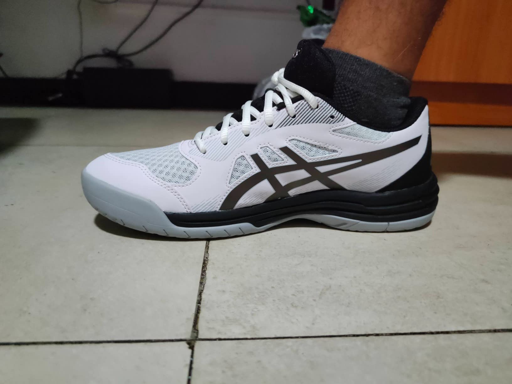ASICS Upcourt 5 multiple angle view showing white safety yellow design and mesh construction