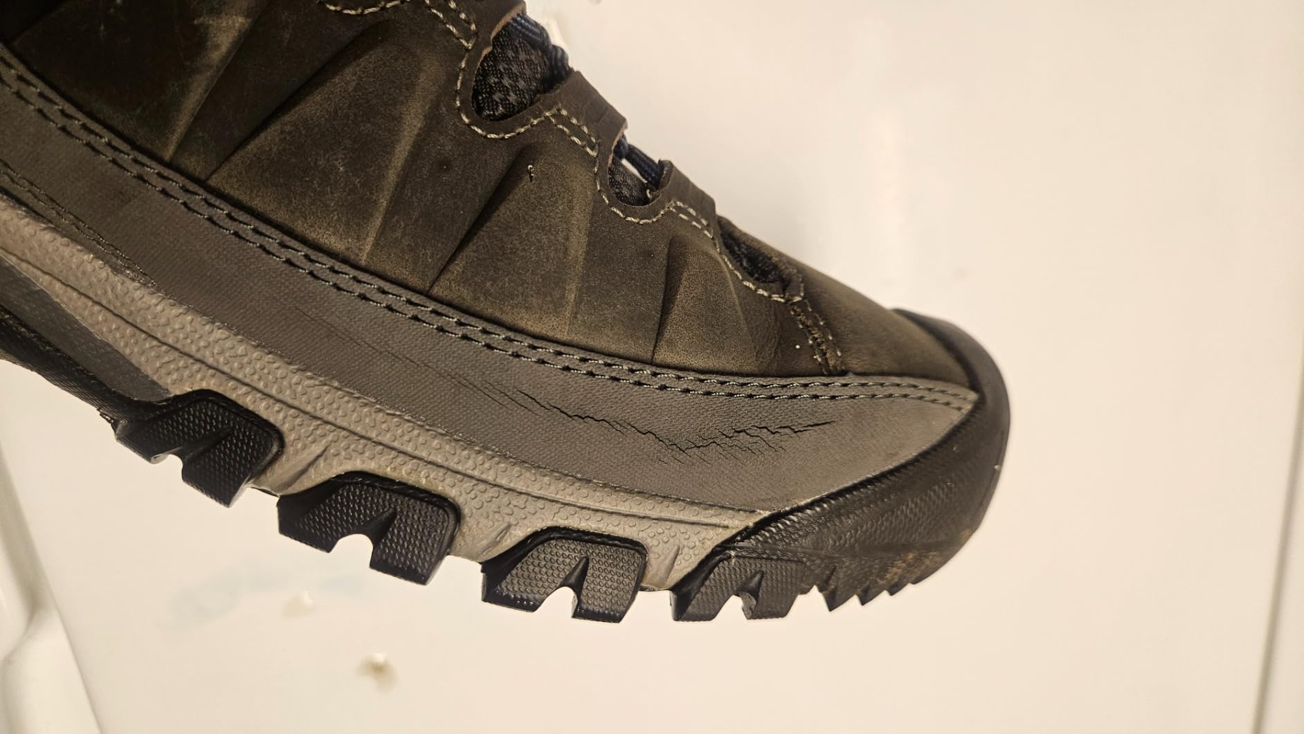 KEEN Targhee 3 showing side cracking and water infiltration after moderate trail use