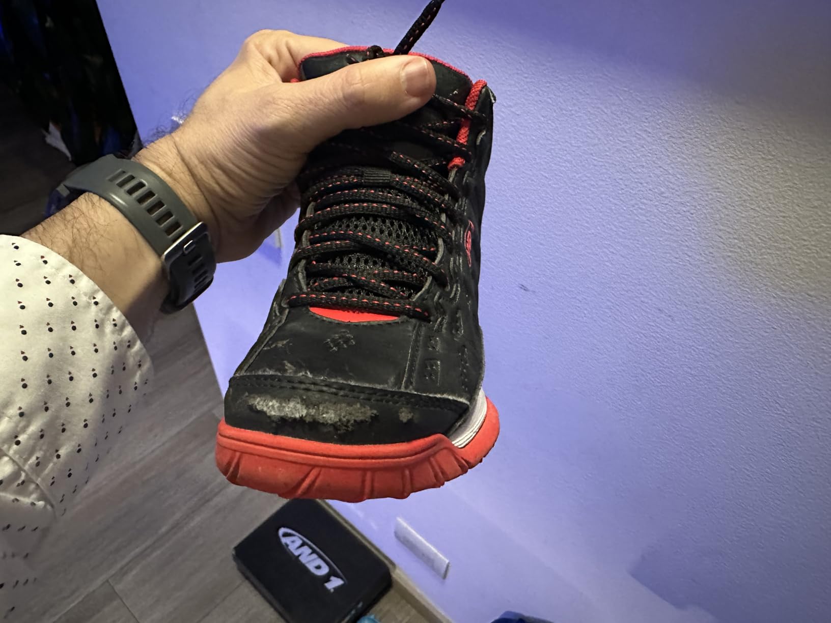 Severe wear damage on AND1 Showout shoes after 4 hours of basketball play showing poor durability