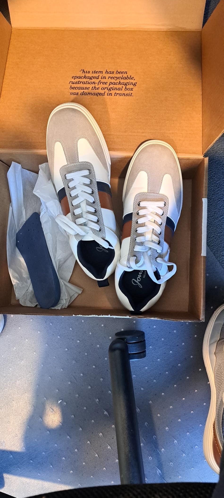 Inside view of Jousen sneakers showing memory foam insole and padded collar construction