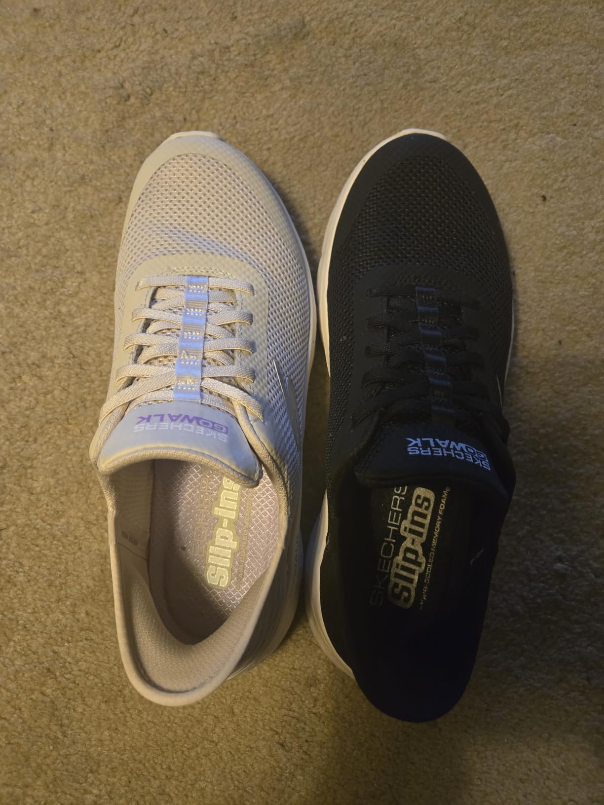 Size comparison showing potential inconsistency in Skechers Go Walk Flex sizing between different colors