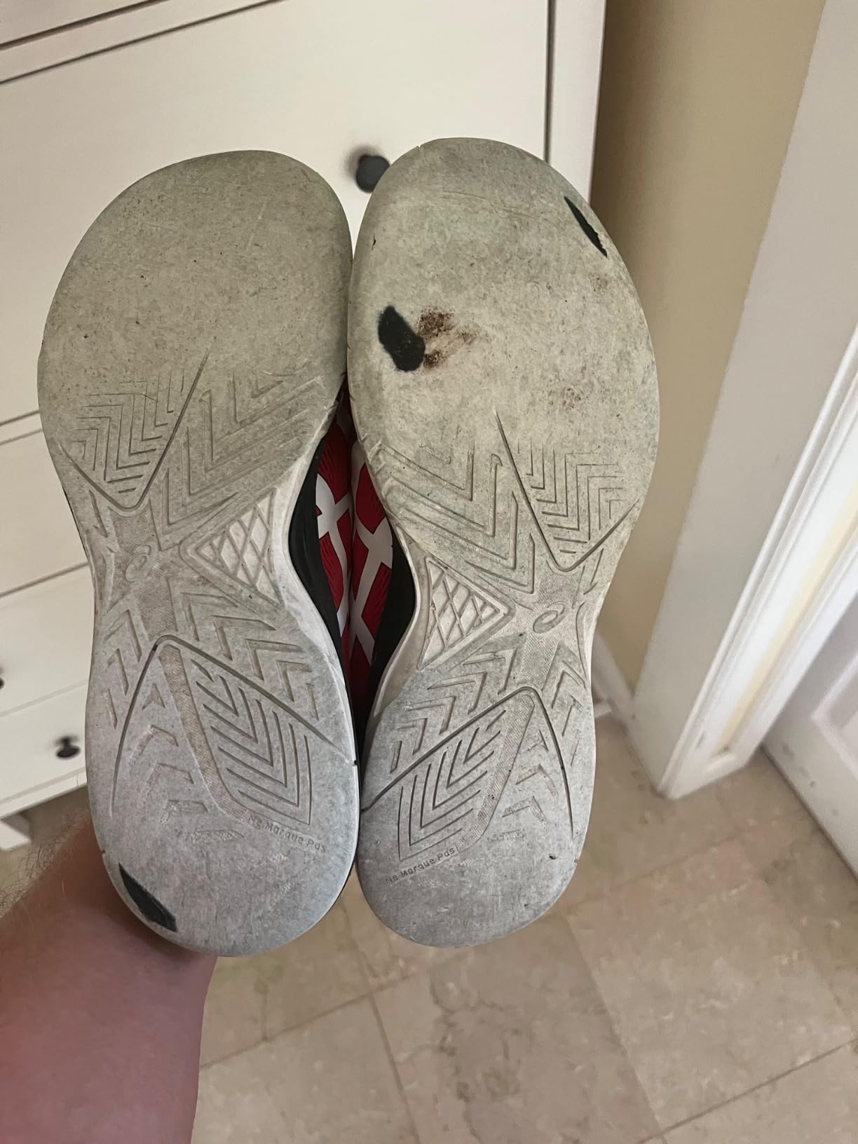 Worn ASICS Upcourt 5 sole after 5 months outdoor pickleball showing wear patterns