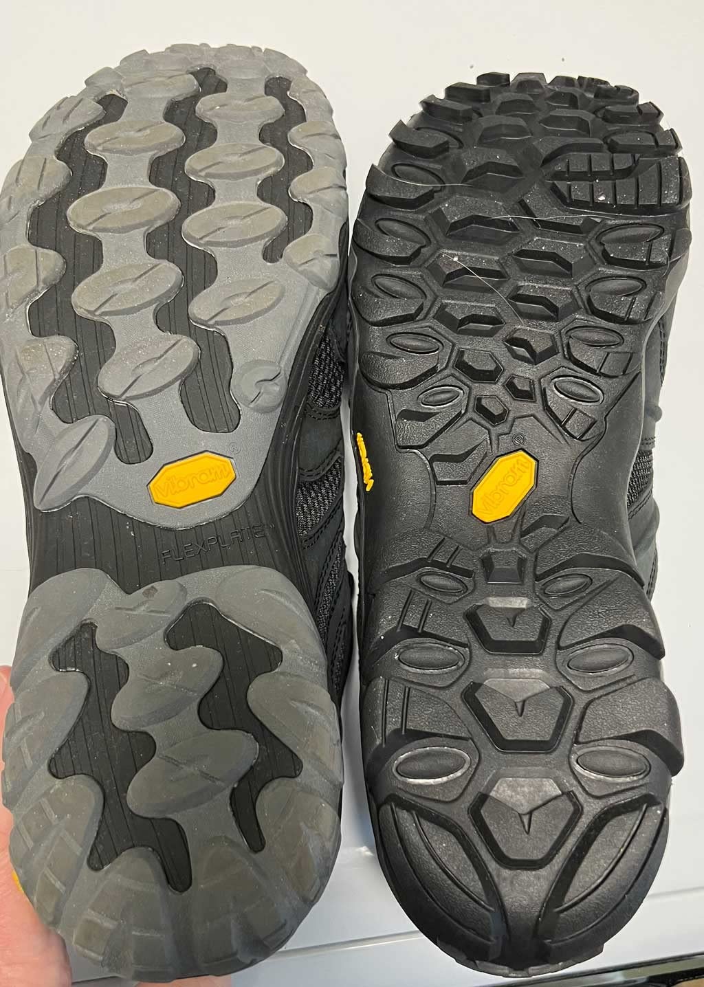 Merrell Chameleon 8 showing sole tread pattern and heel construction for hiking performance
