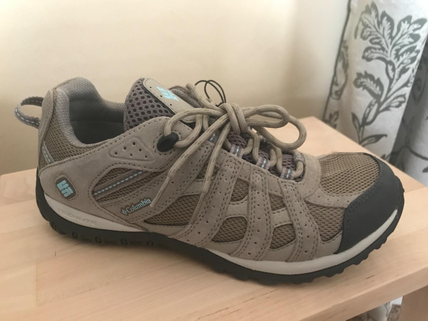 Close-up of Columbia Redmond waterproof hiking shoe design showing lacing system and upper materials