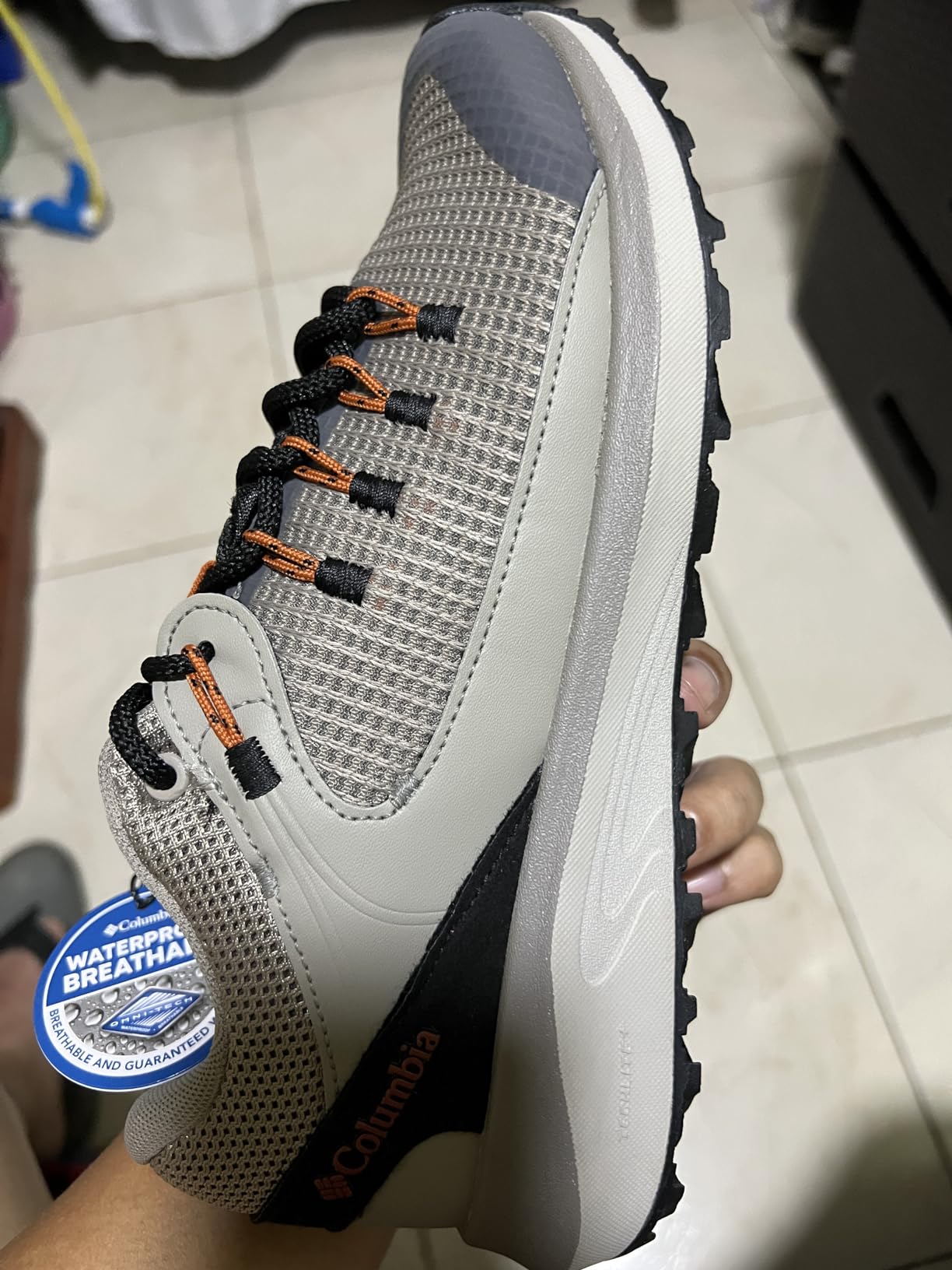Columbia Trailstorm waterproof hiking shoe showing mesh upper construction and toe protection details