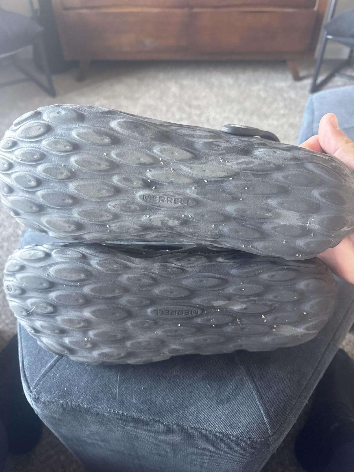 Merrell Hydro Moc water shoes showing the distinctive perforated EVA design and secure heel construction