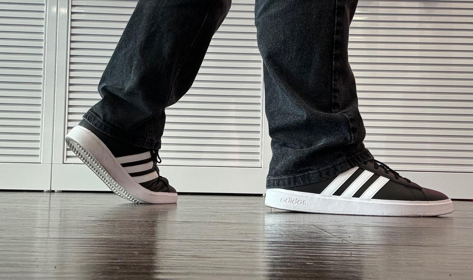 Adidas Grand Court 2.0 detail shot showing synthetic leather quality and construction details