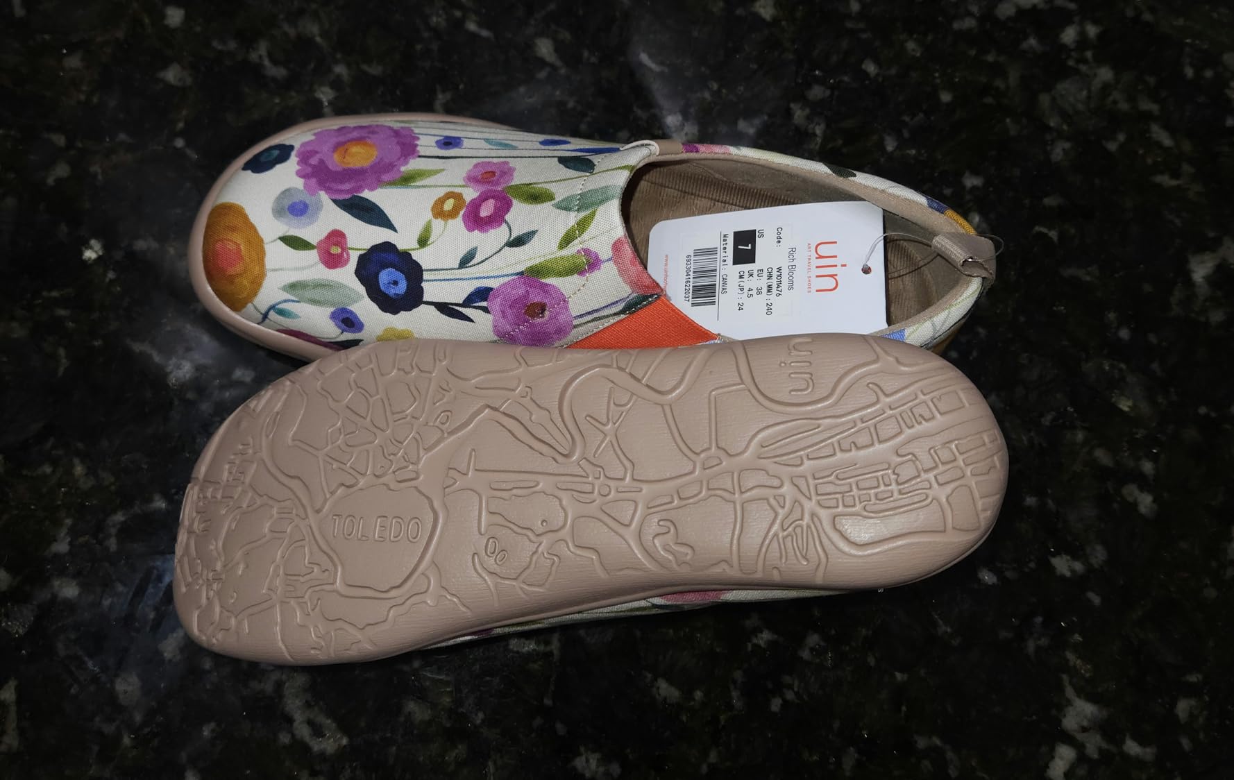 UIN Blossom shoes showing elastic side panel and slip-on design details