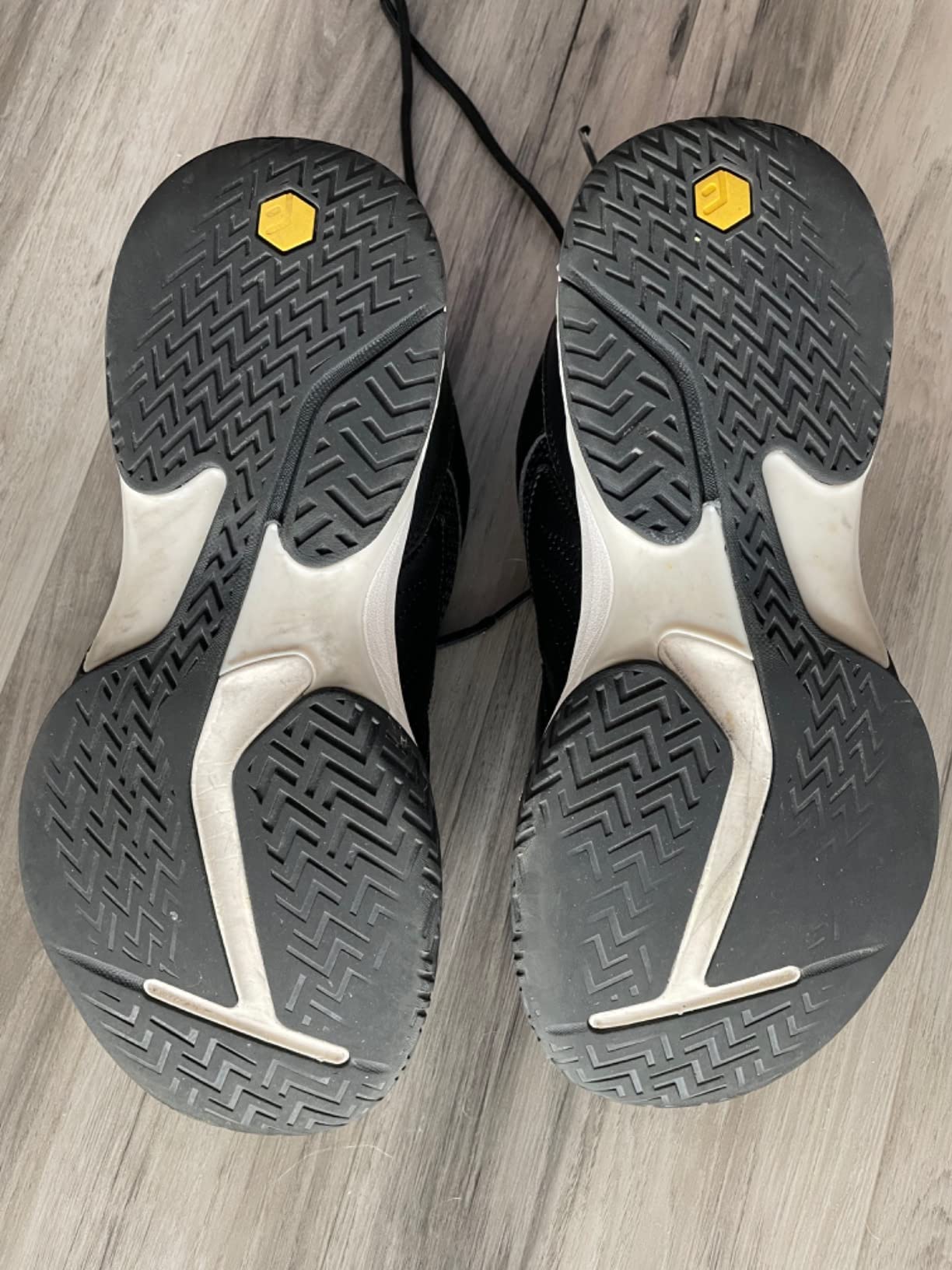 FitVille shoe sole showing wear patterns after 6 weeks of outdoor pickleball play with visible tread loss