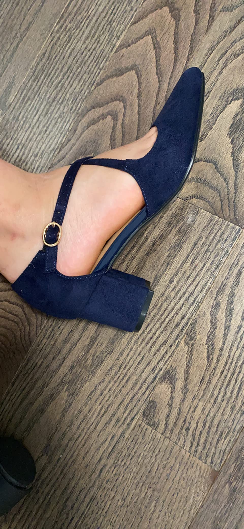 IDIFU Lynn pumps blue suede colorway worn showing foot placement and strap positioning