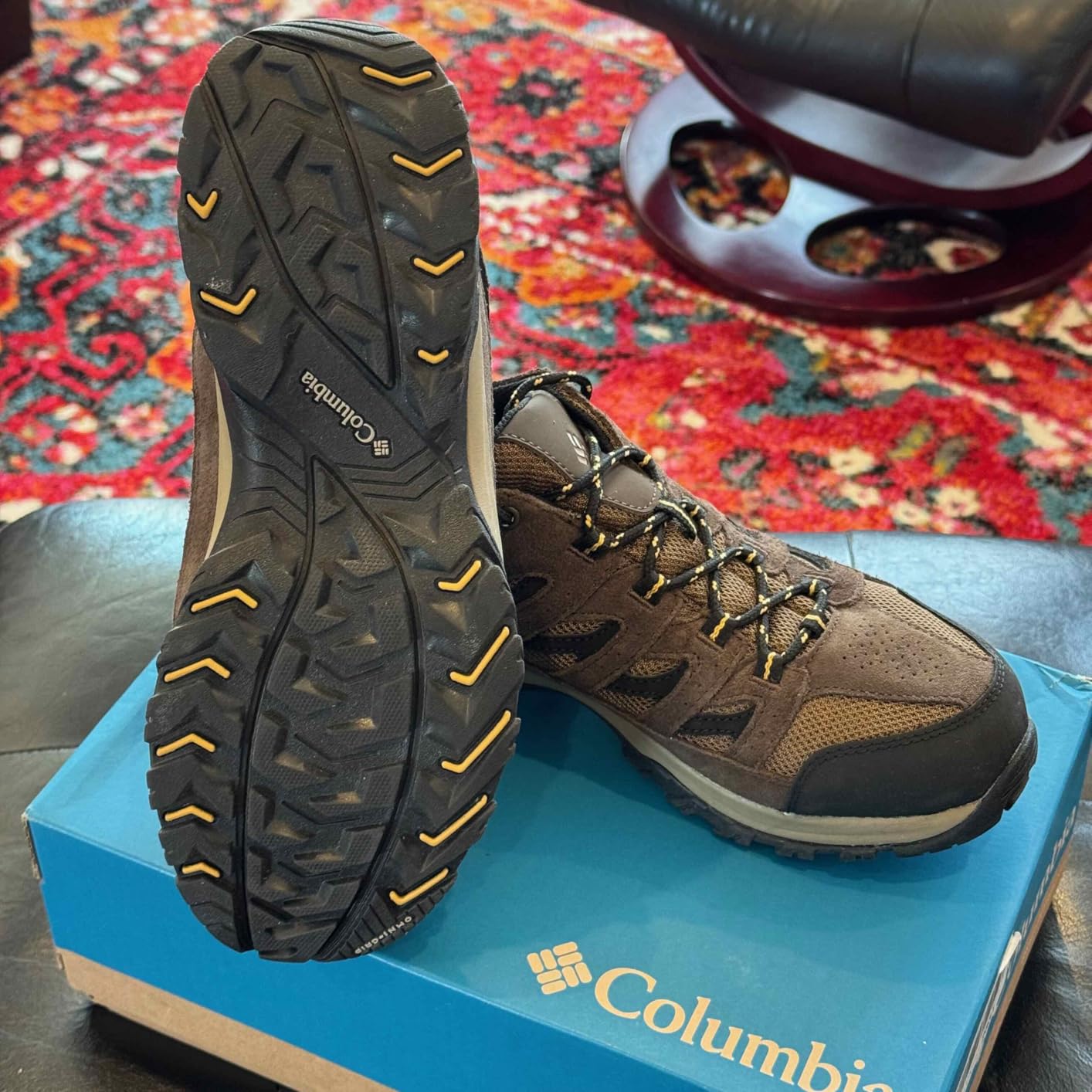 Detailed view of Columbia Crestwood hiking shoe showing reinforced webbing eyelets and construction details