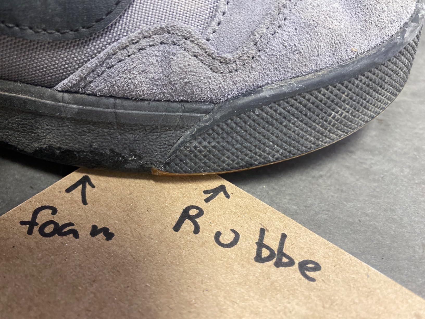 Close-up of Vans Range EXP sole showing foam midsole and rubber outsole construction details
